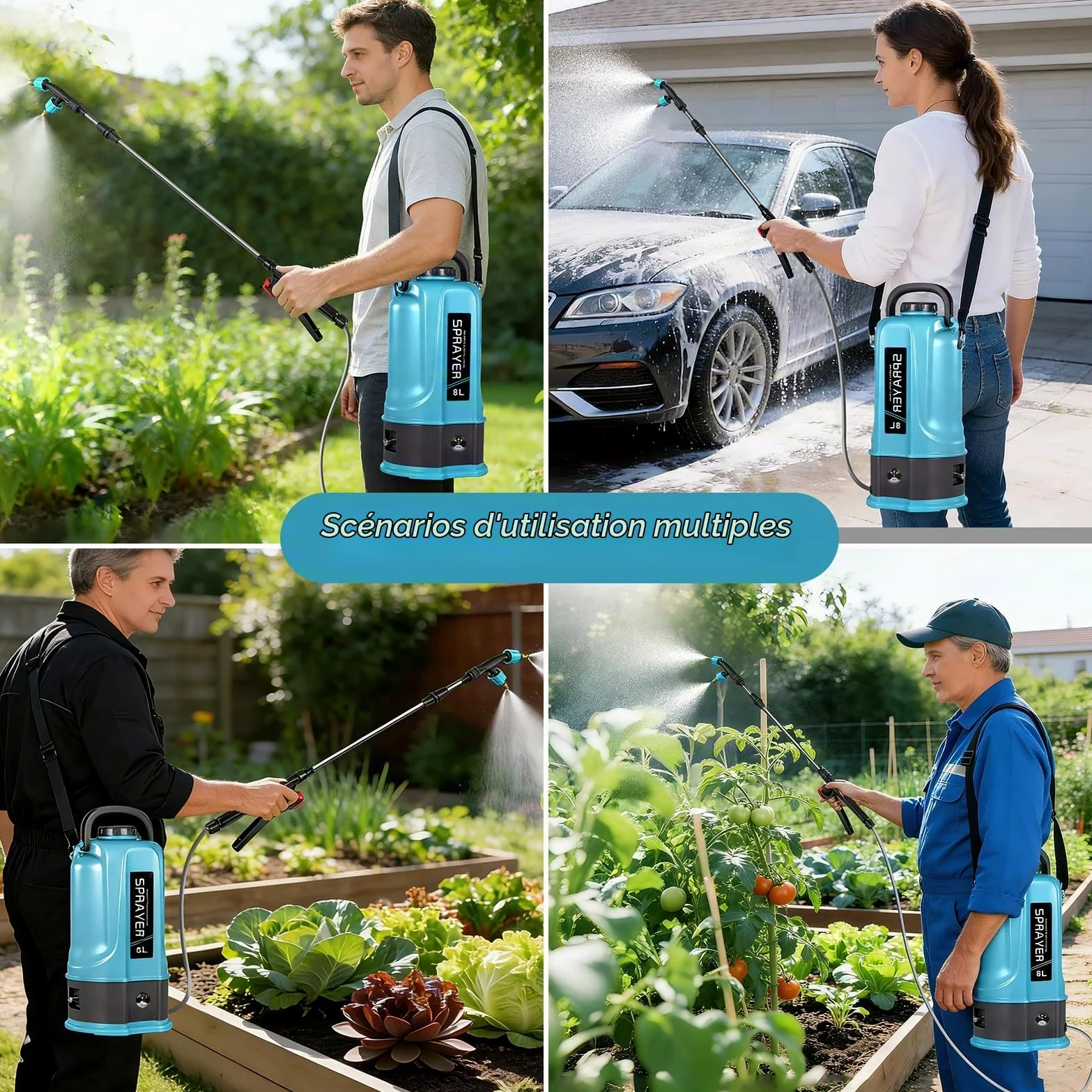 Pulverisateur Electrique 8L,45PSI Pulvérisateur de Jardin Compatible avec Makita 12V Batteries,Pulvérisateur à Batterie avec 5 Buses Reglables,Lance Télescopique,2.0 Ah Batterie,Chargeur