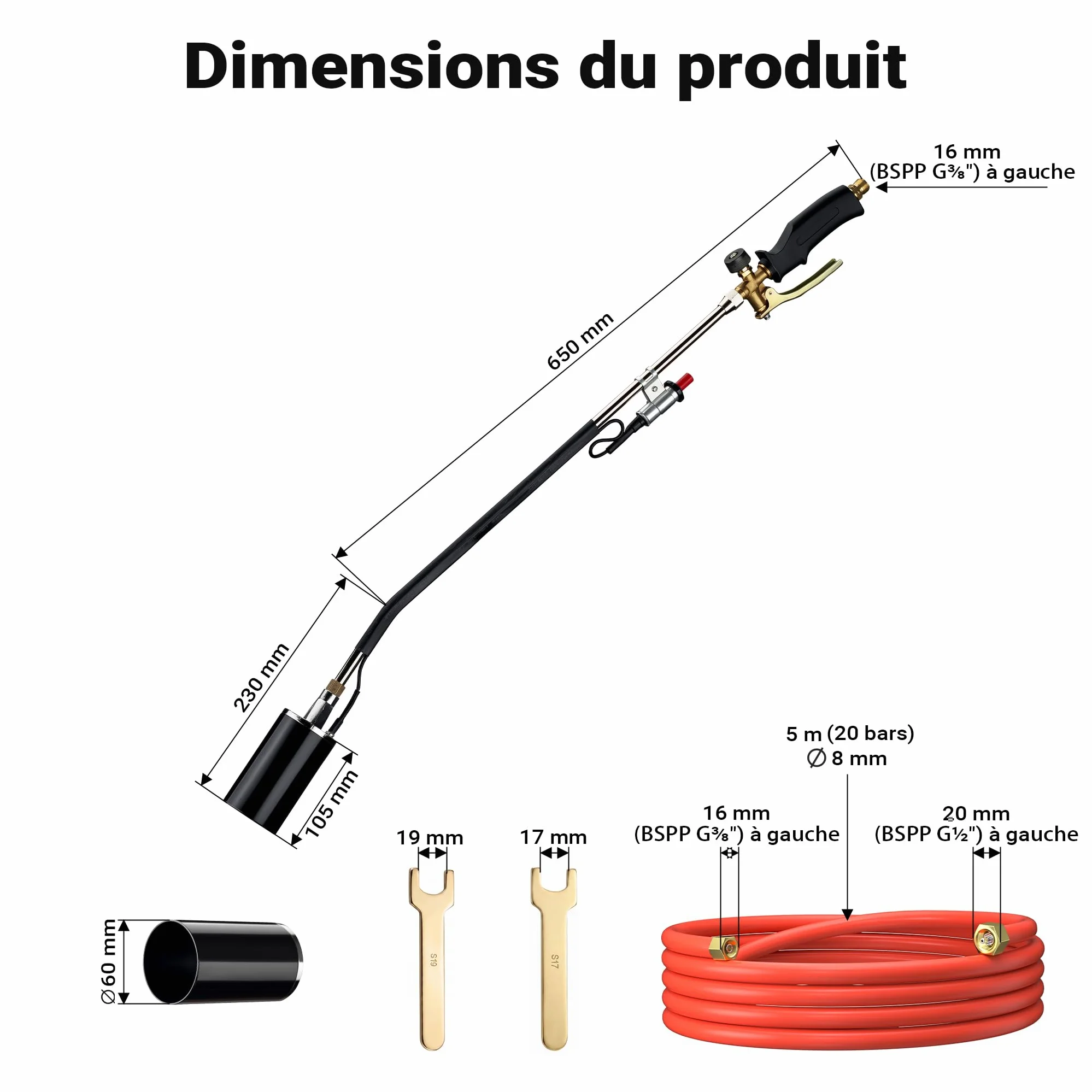 Wiltec Brûleur de mauvaises herbes avec allumeur piézoélectrique jusqu'à 1850 °C dispositif de combustion de 120 kW, appareil de flammage pour mauvaises herbes, brûleur de toiture avec tuyau de 5 m