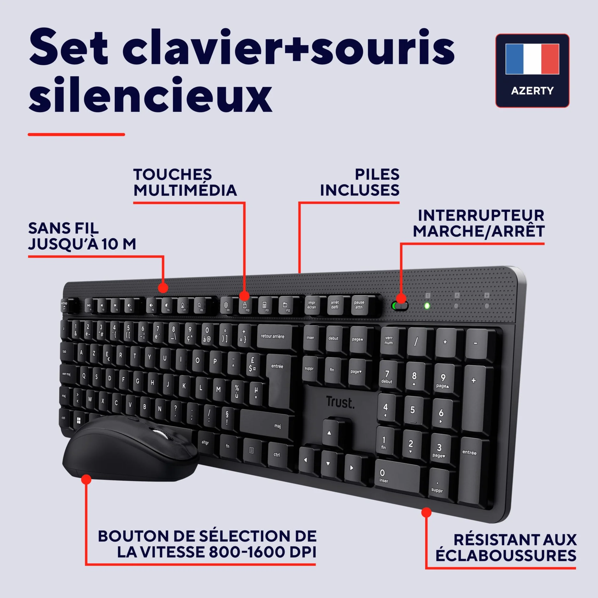 Trust Ymo II Pack Clavier et Souris sans Fil AZERTY Français Silencieux, Résistant aux Éclaboussures, Récepteur USB Unique, Noir