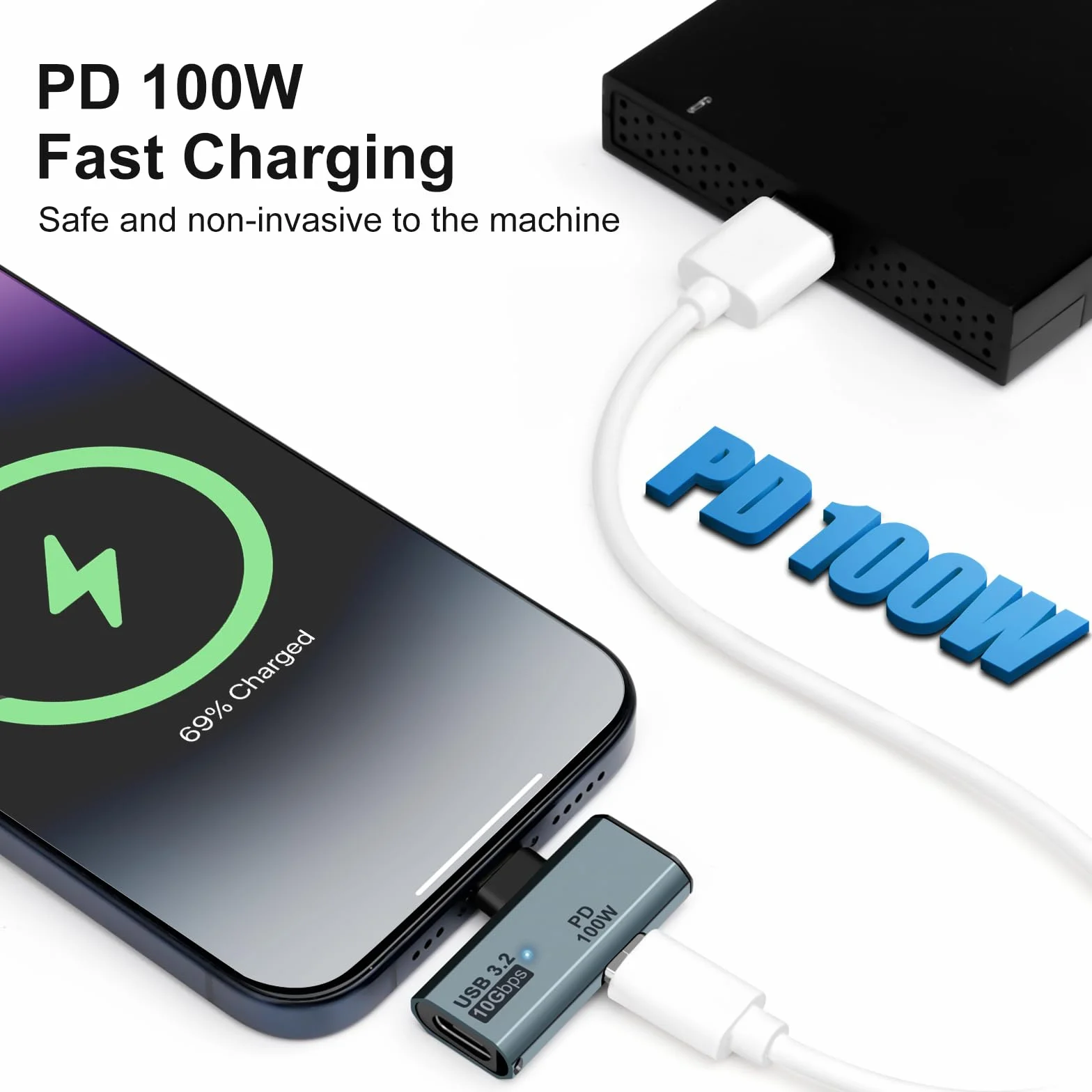 Adaptateur USB C OTG 100W PD Type C Double pour iPhone 15 Pro Max Chromecast MacBook Samsung Galaxy S22 S23 Gris