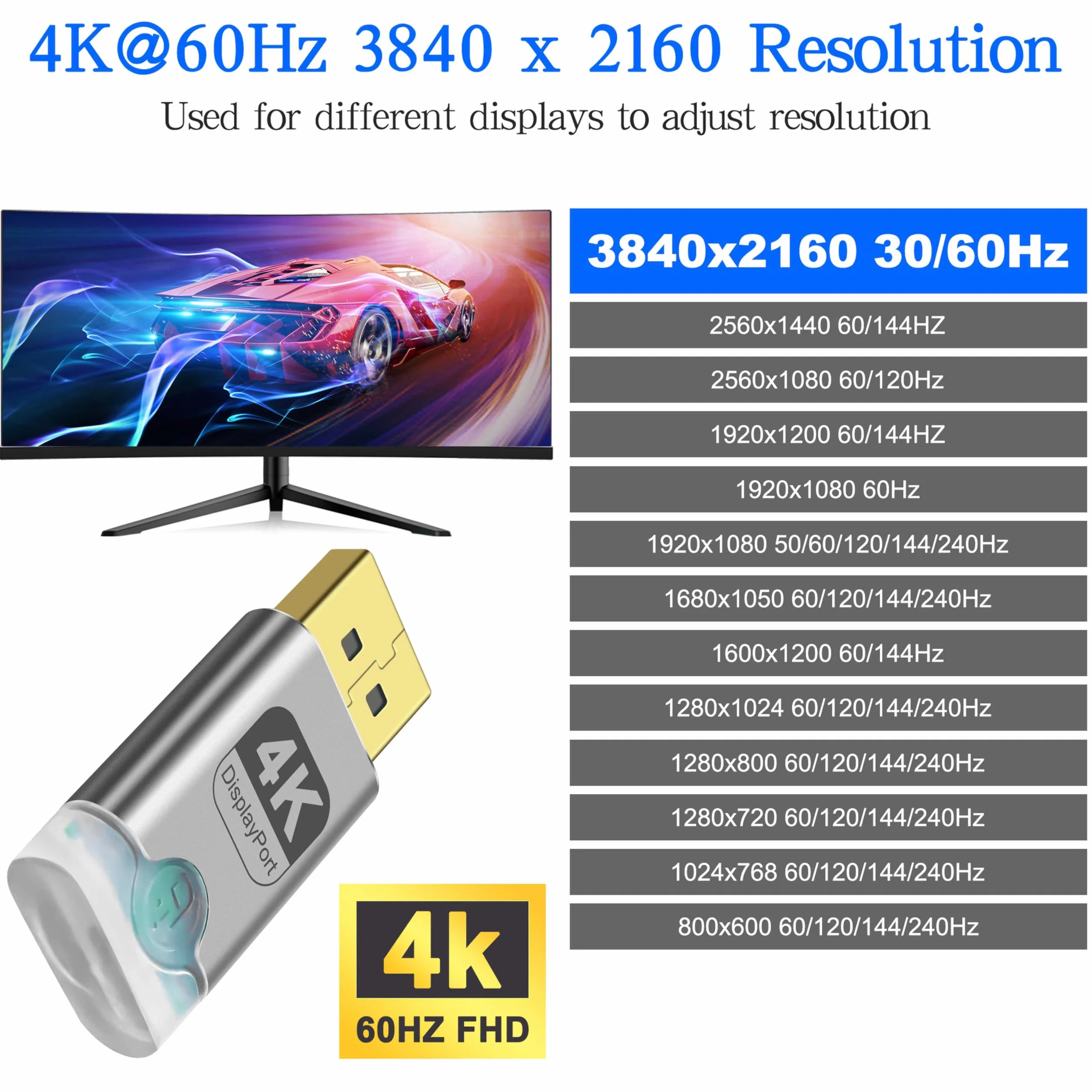 Lot de 2 émulateurs DisplayPort 4K DP sans tête avec lumière LED - Adaptateur d'affichage virtuel 3840 x 2160 @ 60 Hz