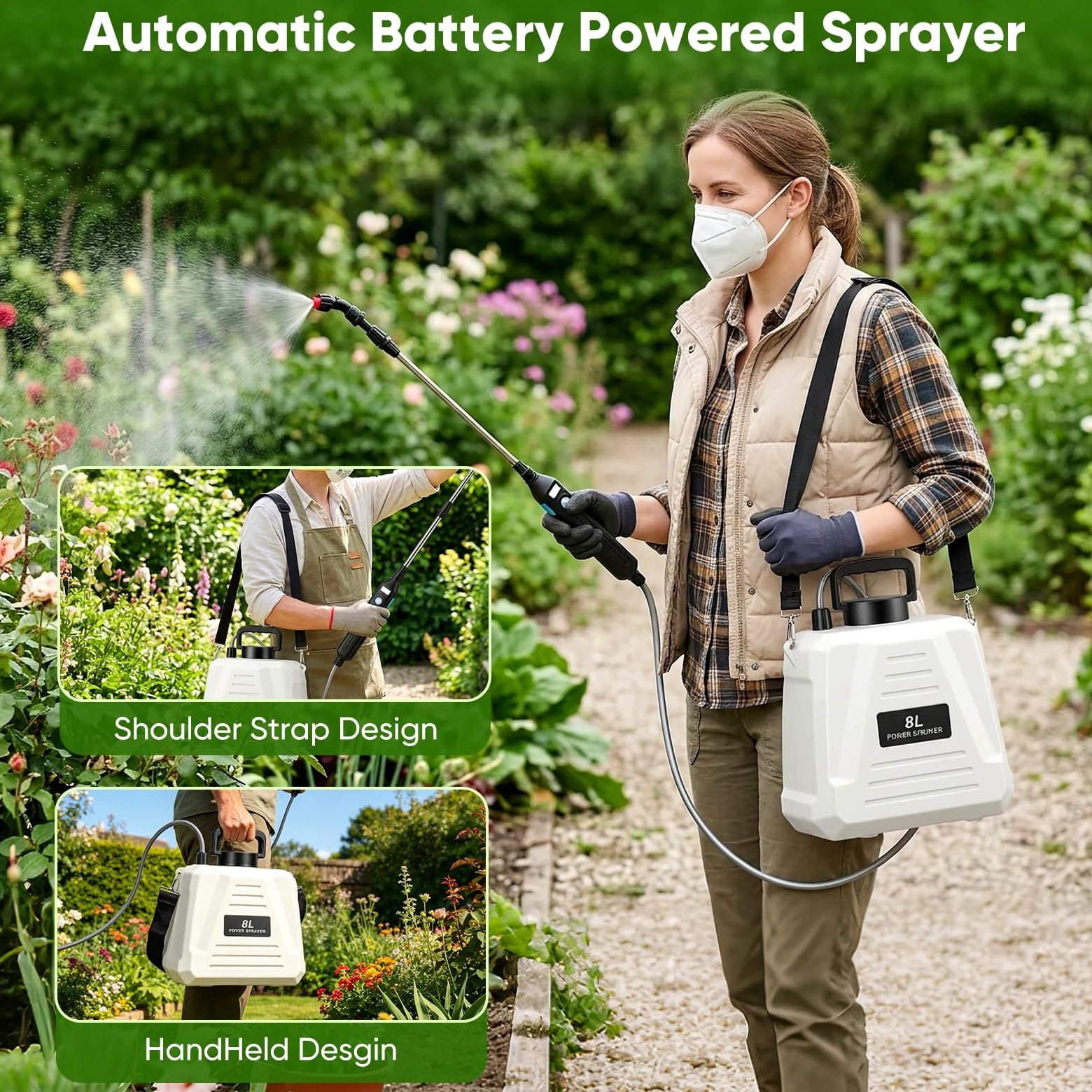 Pulvérisateur électrique 8L avec Batterie USB-C, 3 Buses, Lance télescopique, bandoulière, pour arrosage Jardin & désherbage
