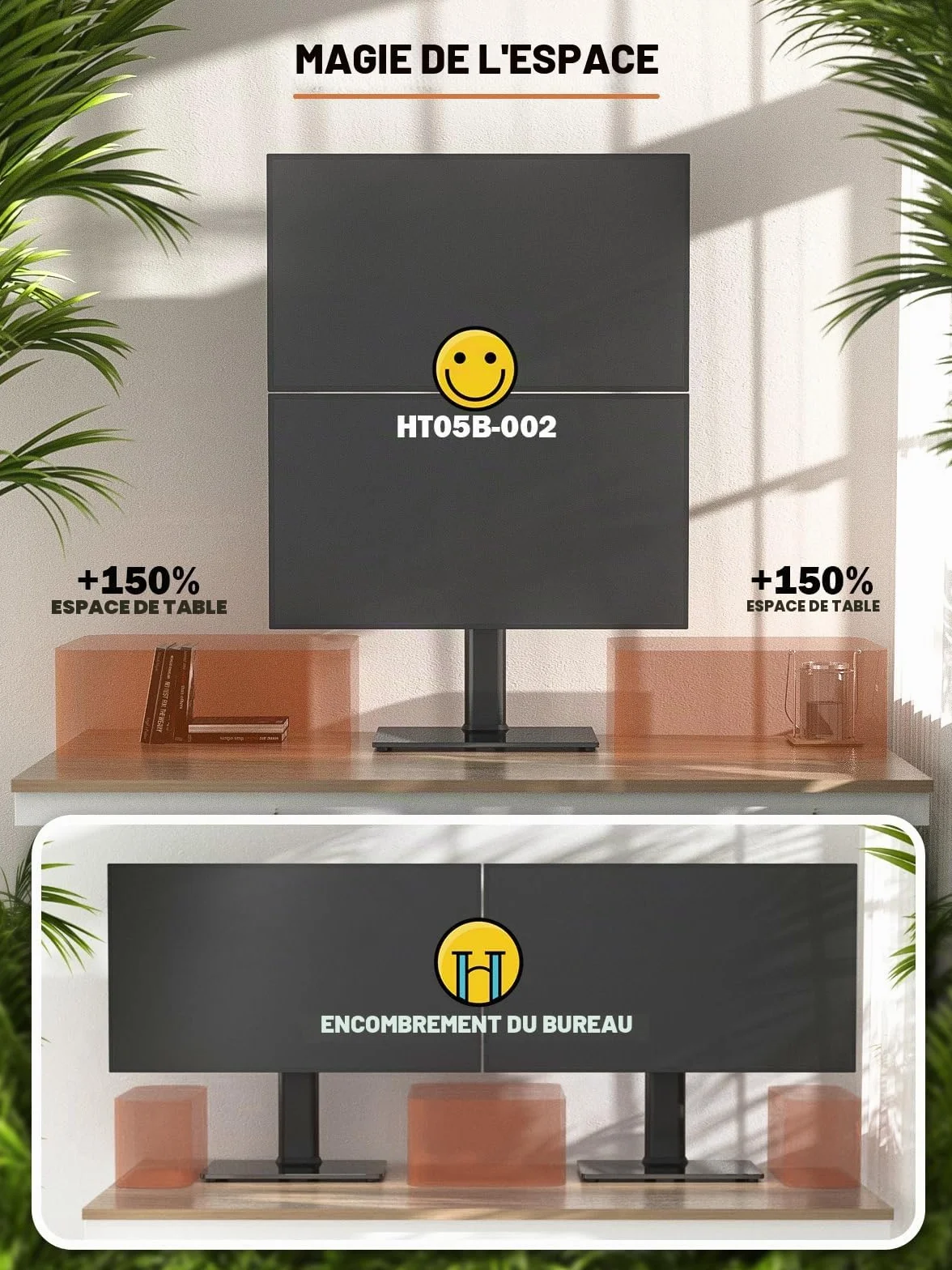 Support de Moniteur Double Vertical pour Deux écrans 13-34 Pouces, Pivotement, Inclinaison, Hauteur réglable, 44Lbs