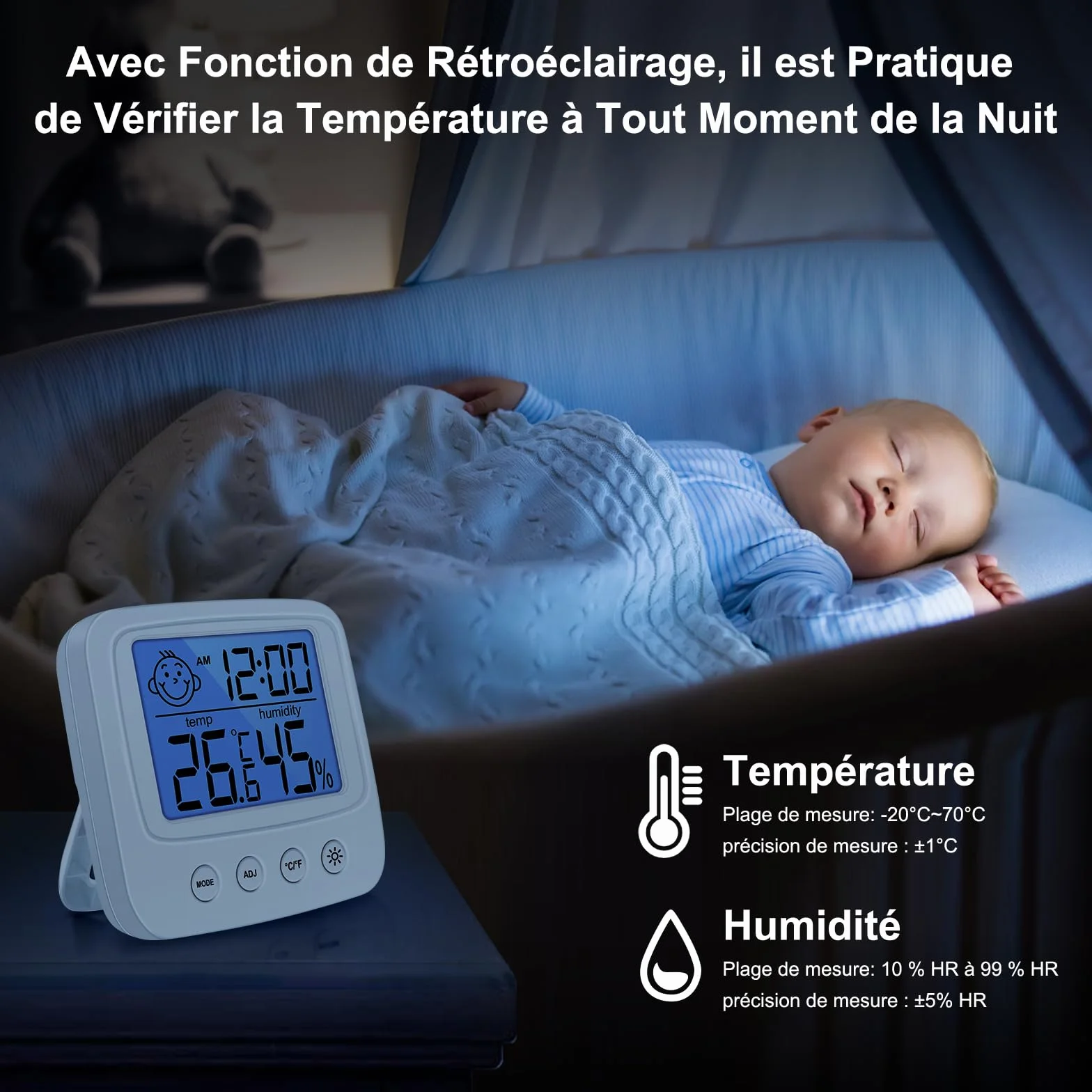 Vinabo Thermomètre Hygromètre Intérieur Digital Haute Précision avec Rétroéclairage Horloge