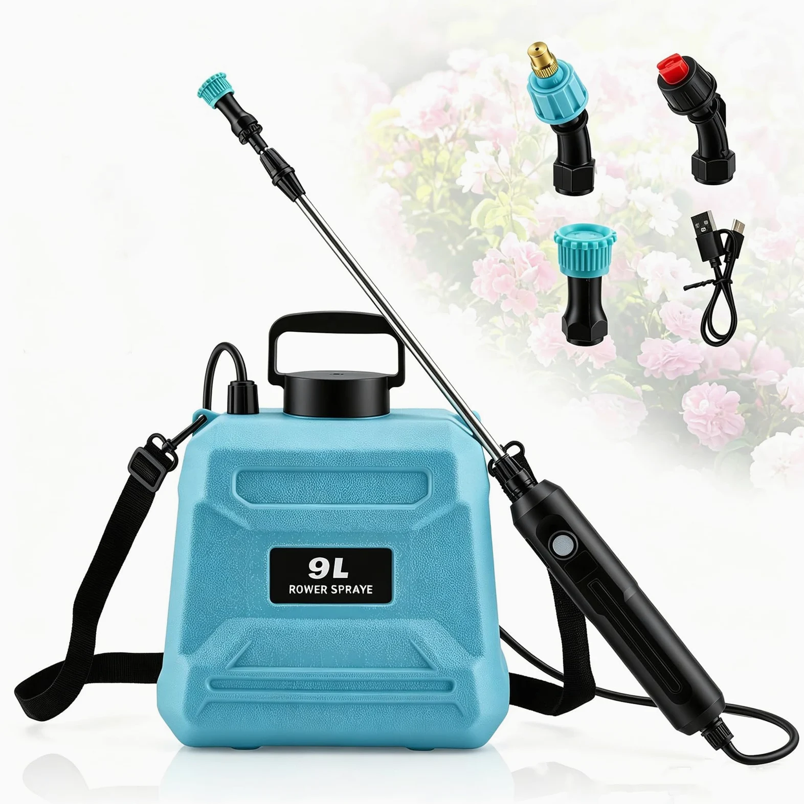 Pulvérisateur électrique à batterie 9 l, moteur en cuivre 3,7 V avec batterie 1500 mAh, autonomie de 200 min, 3 buses + lance télescopique jusqu'à 80 cm, charge USB-C, pulvérisateur de jardin pour