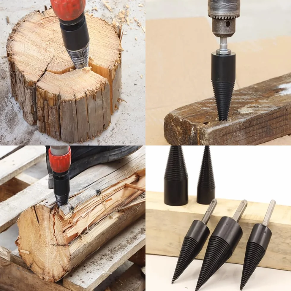Fendeuse à Bois Perceuse avec 3 Poignées, Foret Cône 50mm pour Fendre Du Bois