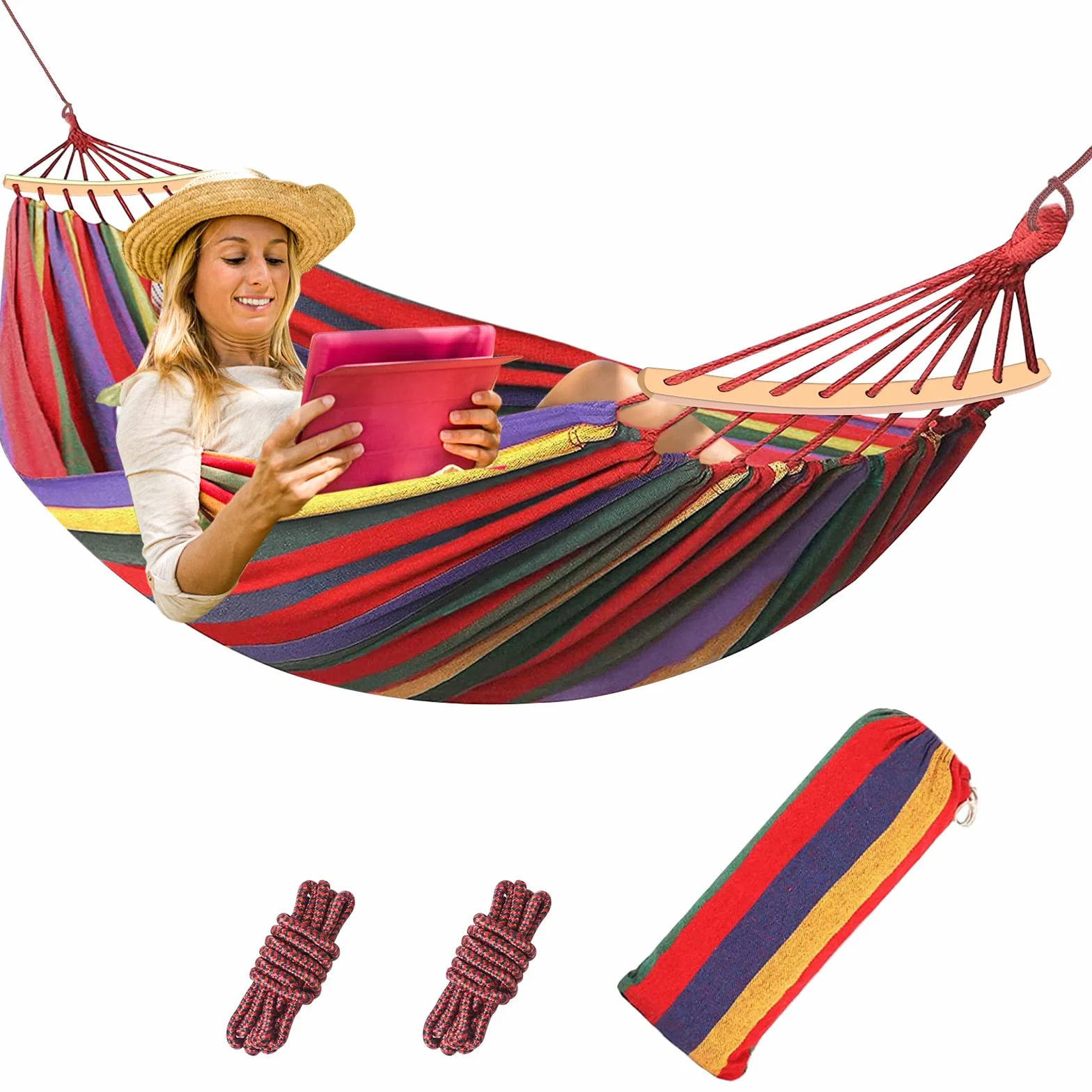 Hamac de plein air en coton 190 x 150 cm, capacité 150 kg, avec sac de transport pour camping et jardin