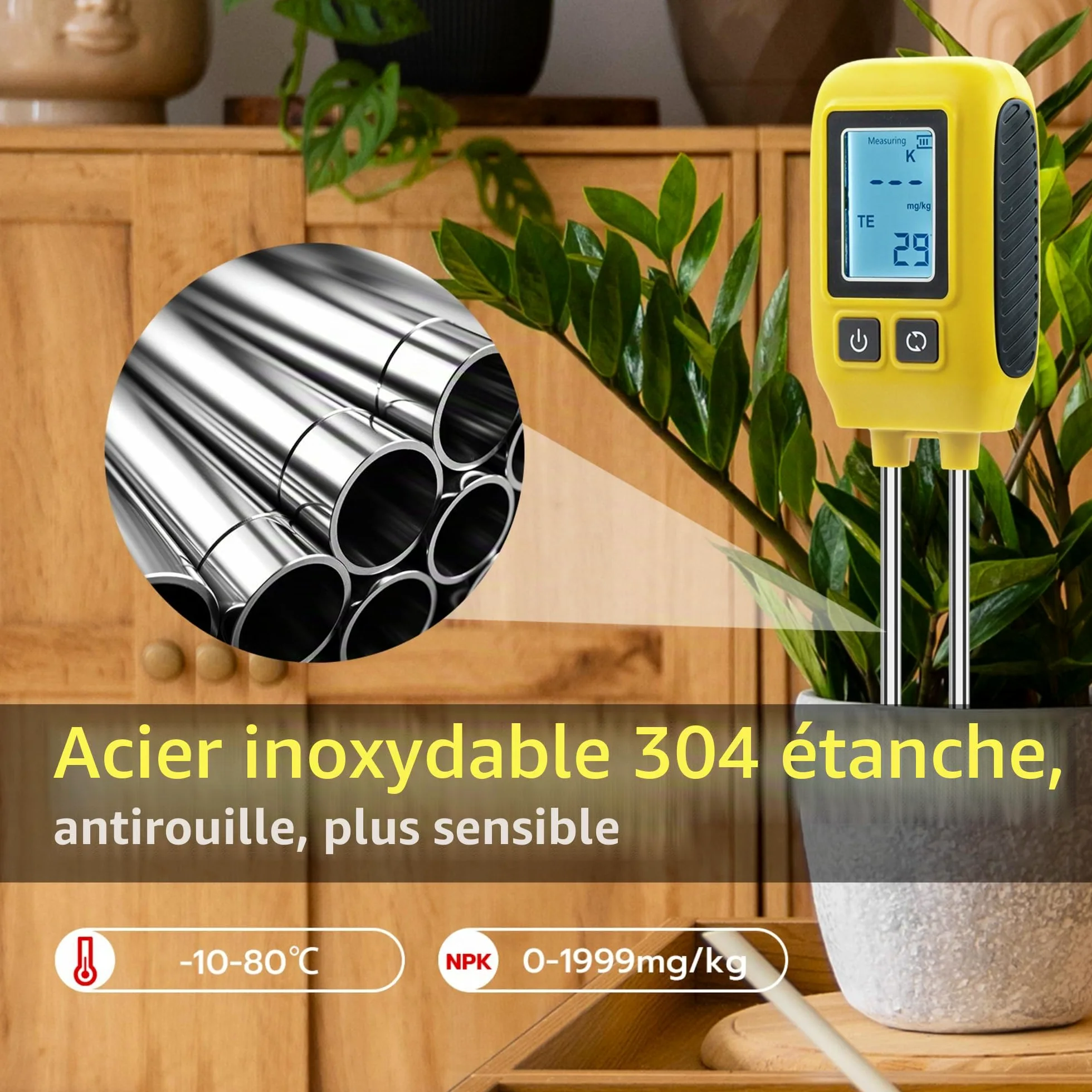Mcbazel Professional Soil Meter, Instrument de Mesure du Sol 4 en 1,Détecteur d'Éléments Traces P/N/K, Détection de la Santé des Plantes Vertes pour Le Nitrogène/Phosphore/Potassium/Température