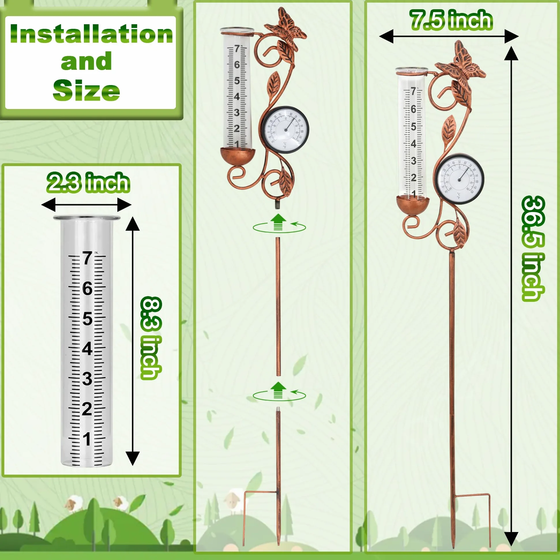 Pluviomètre papillon pour décoration de jardin, thermomètre de 81,3 cm, décoration de terrasse, 17,8 cm, tube de rechange en verre, température extérieure