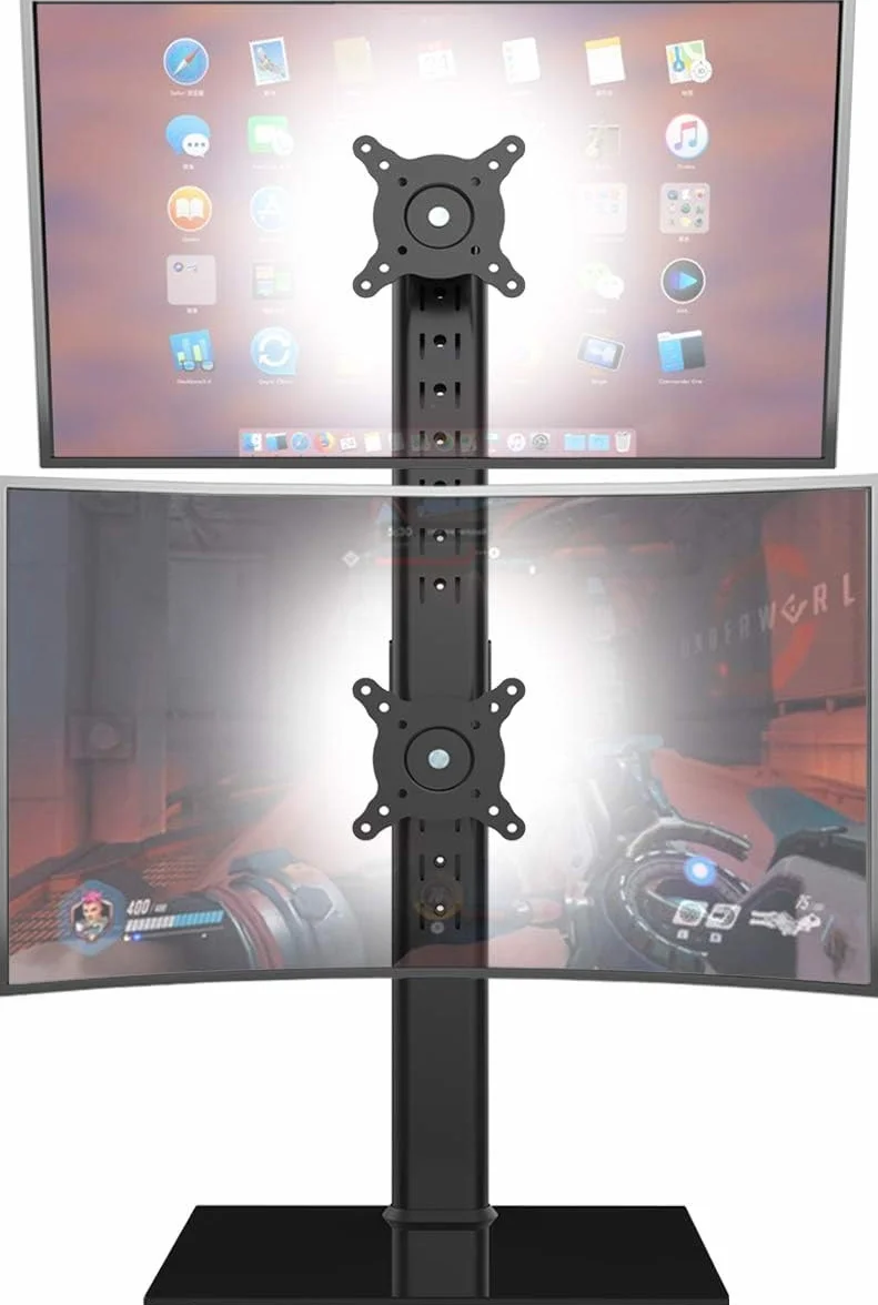 Support de Moniteur Double Vertical pour Deux écrans 13-34 Pouces, Pivotement, Inclinaison, Hauteur réglable, 44Lbs
