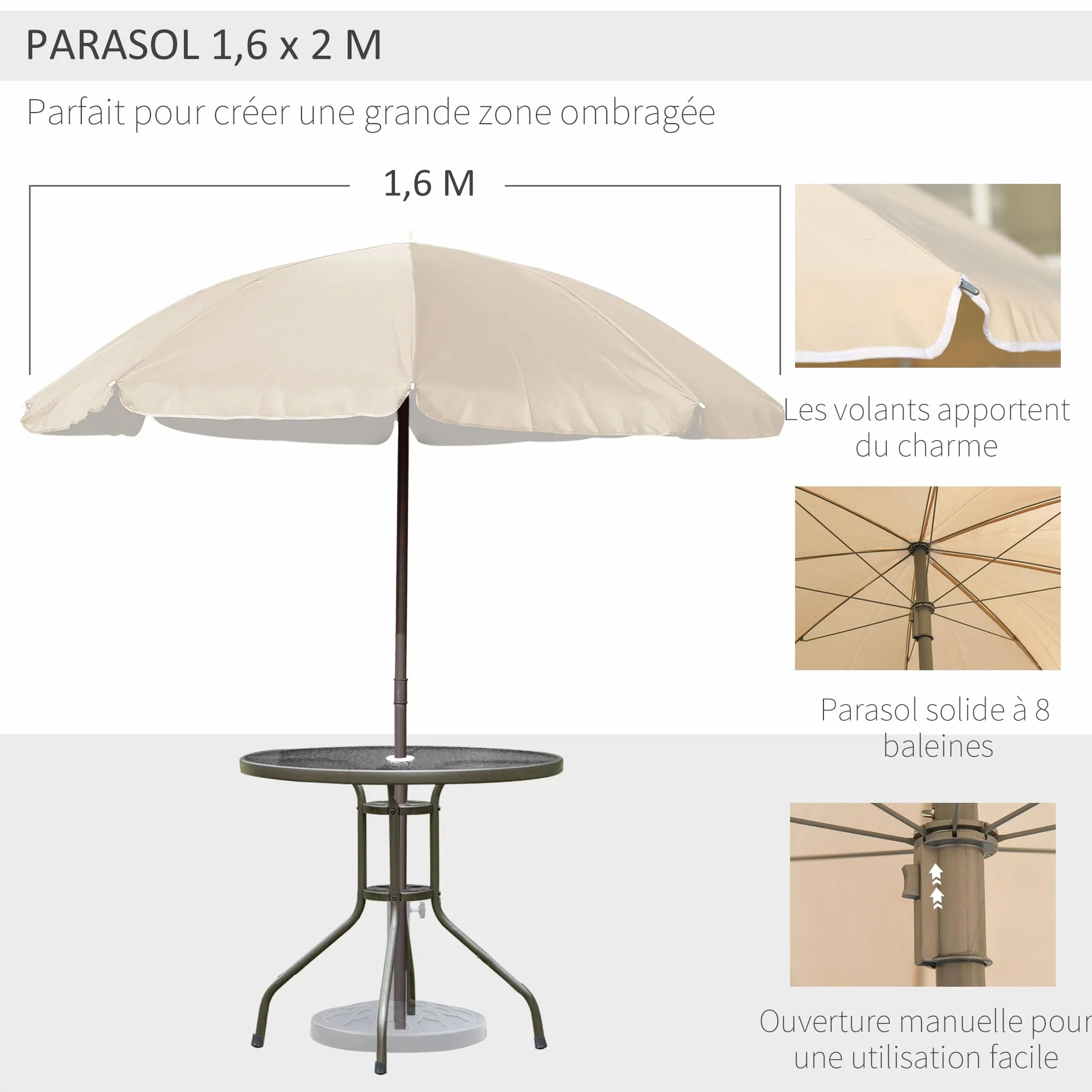 Outsunny Salon de Jardin 6 pièces Table Ronde Chaises Pliables Parasol Acier époxy Polyester Beige