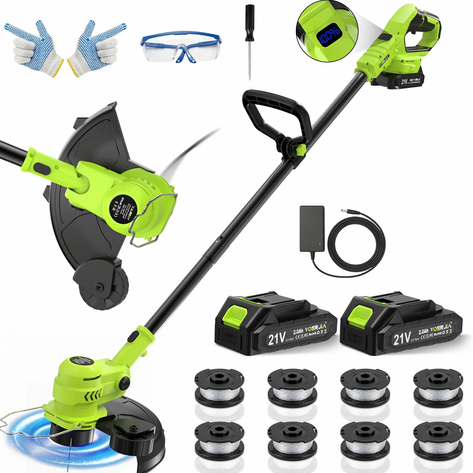 VOERJIA Débroussailleuse Électrique sans Fil 21V avec Écran LCD, Coupe-Bordure à Roues (30cm), Avancement Automatique du Fil, 8 Bobines Incluses, Tête Réglable et Multifonction. (Set Jardin Pro)