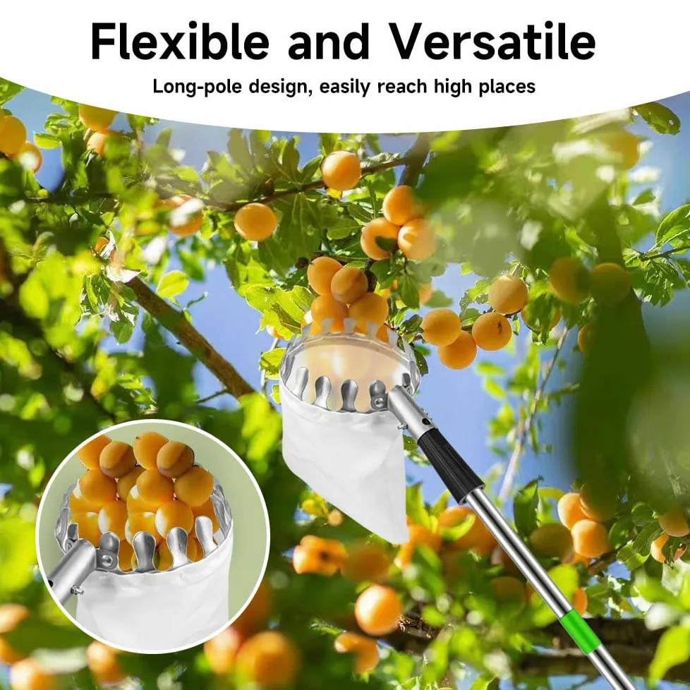 Pince à pommes de 4,2 m avec poignée télescopique, outil de cueillette de fruits avec 10 sections télescopique et sac de rangement, facile à assembler, pince à fruits en acier inoxydable pour