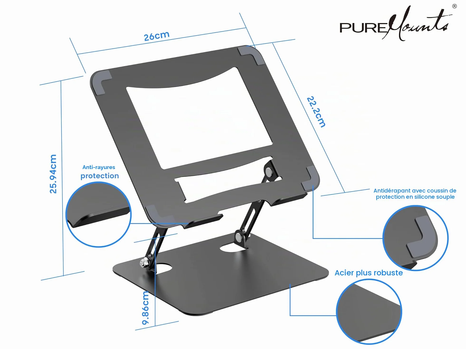 PureMounts Support Ordinateur Portable Réglable Hauteur Pliable Ergonomique Base Pivotante 360° Ventilation Patins Antidérapants Noir