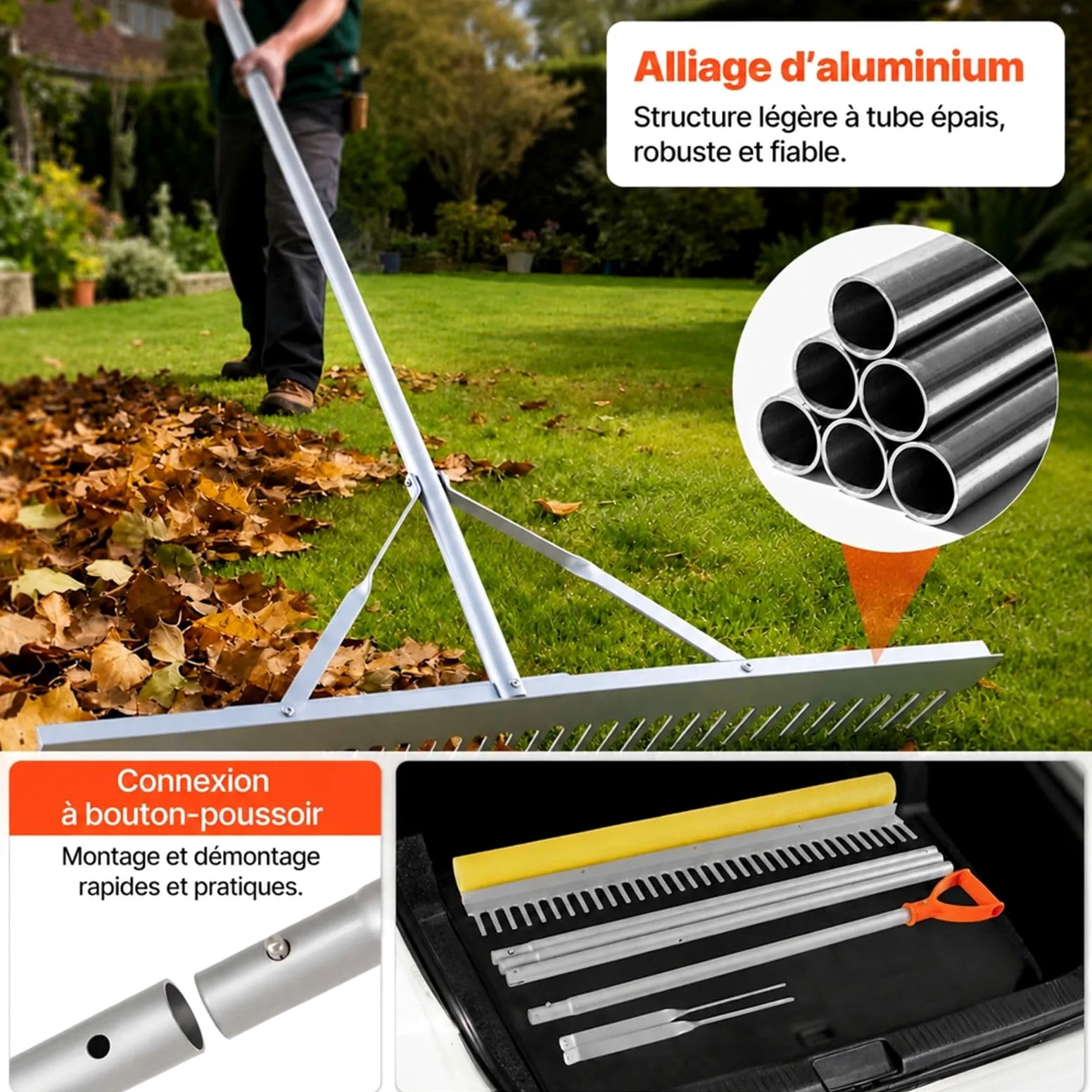 Râteau en Aluminium pour Feuilles et Mauvaises Herbes Aquatiques, Outil Manuel avec Manche et Corde pour Bassin, Piscine, Jardin et Nettoyage des débris flottants