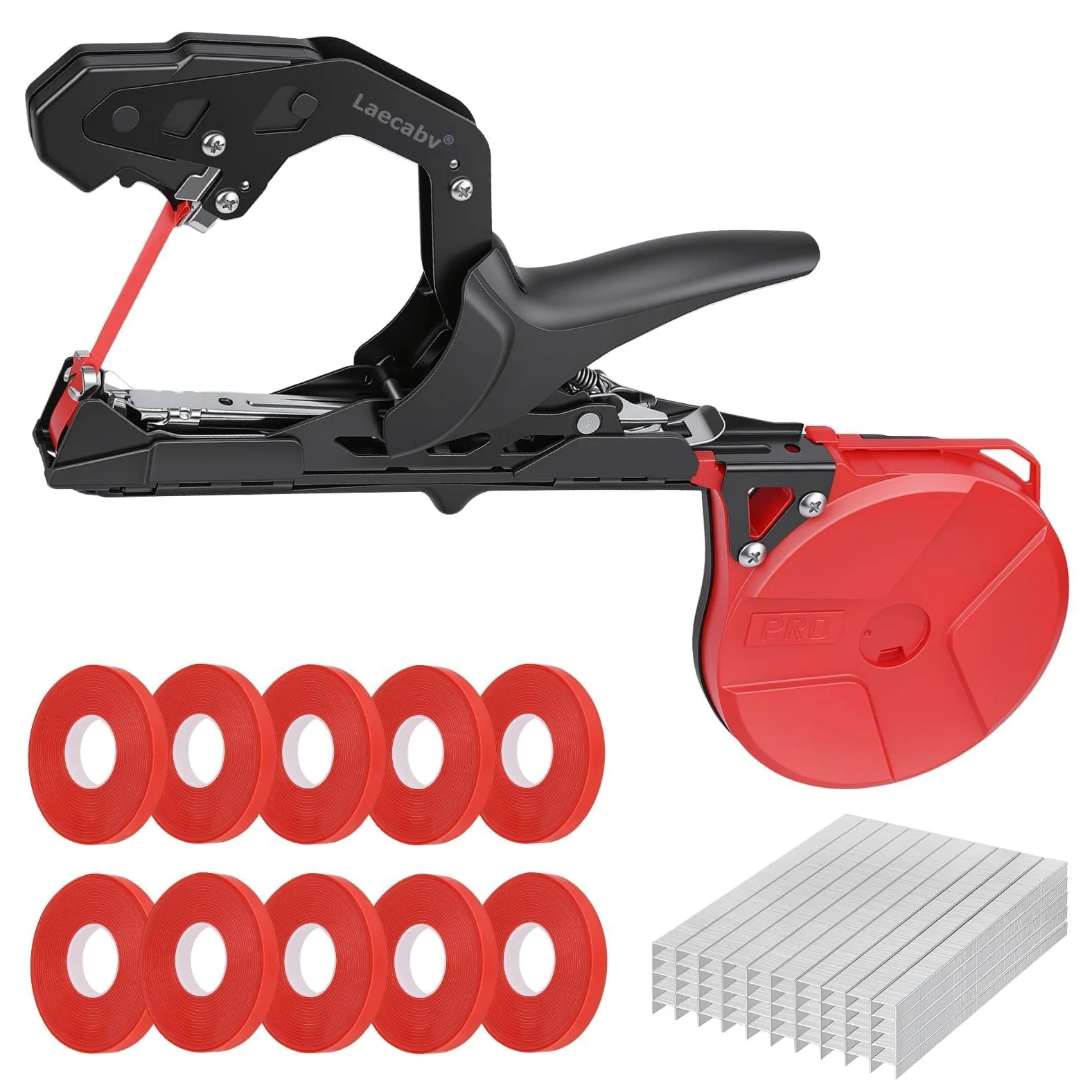 Lieuse professionnelle pour plantes avec 10 rouleaux de ruban de 60 m, 500 g | Revêtement noir anti-corrosion, structure équilibrée anti-fatigue pour vignes et tomates.