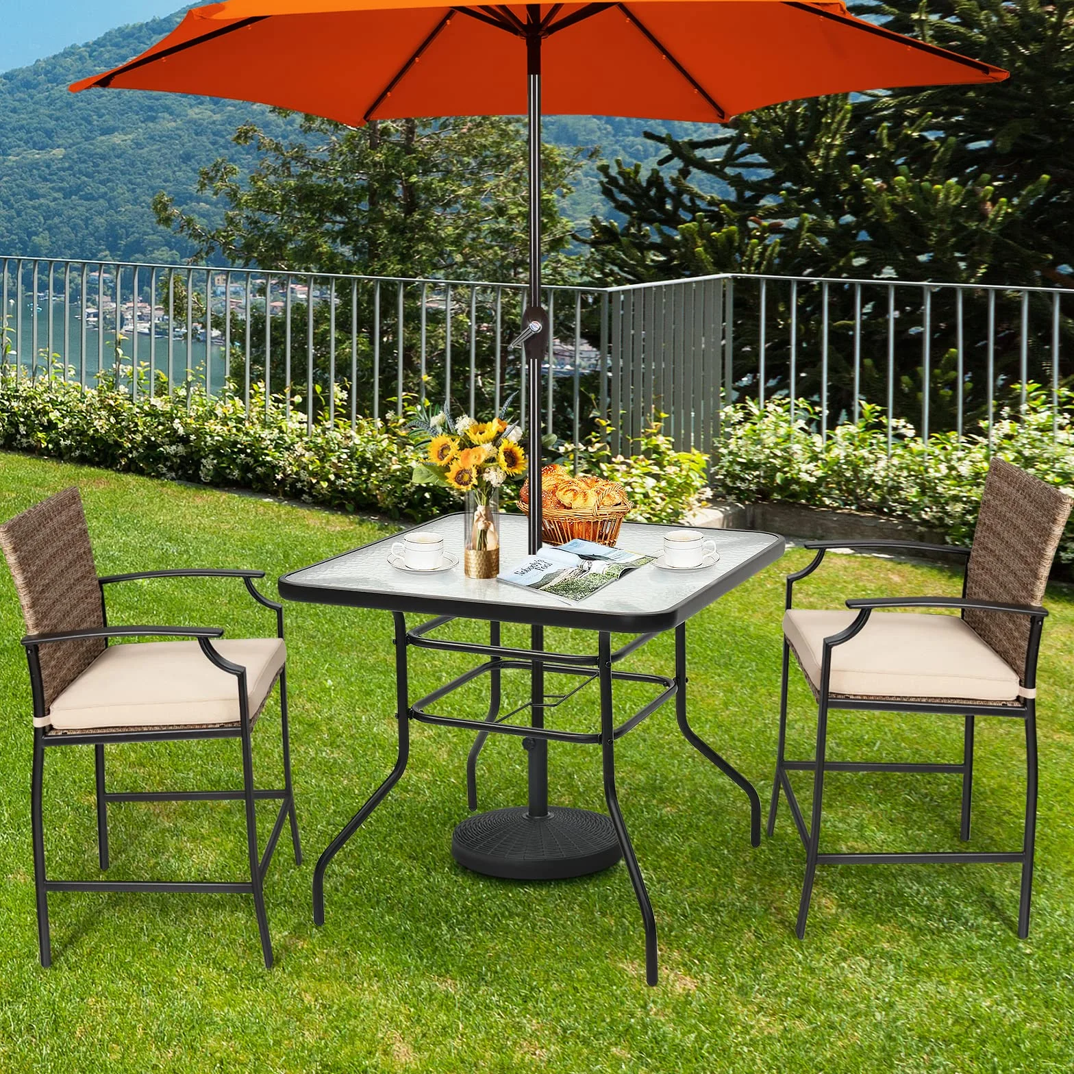 GIANTEX Table de Jardin Carré 81x81 cm Verre Trempé avec Trou de Parasol Métal Laqué