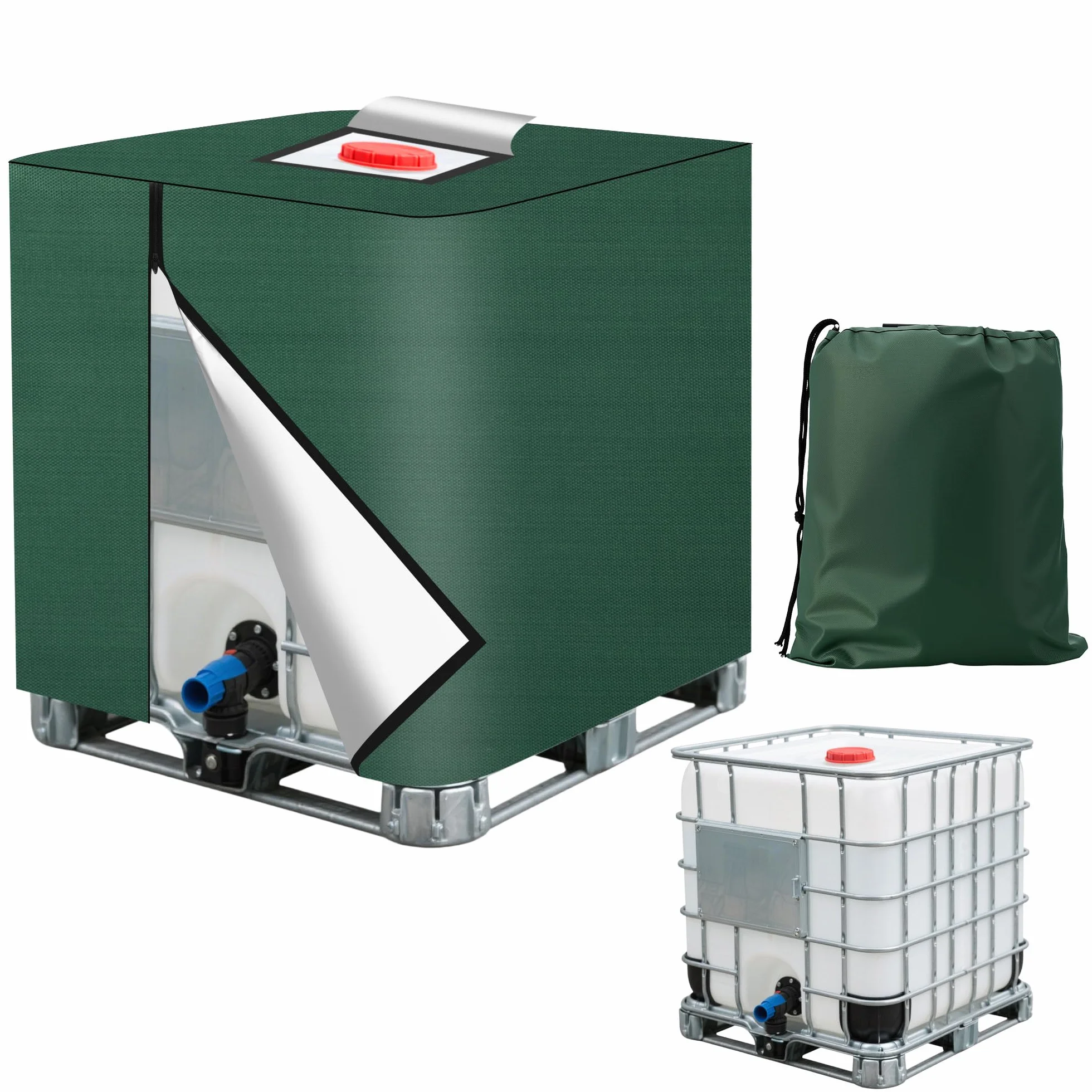 Bâche pour Cuve IBC 1000L Housse Protection Anti-UV Anti-Poussière Fermeture Éclair Vert 116x100x120 cm