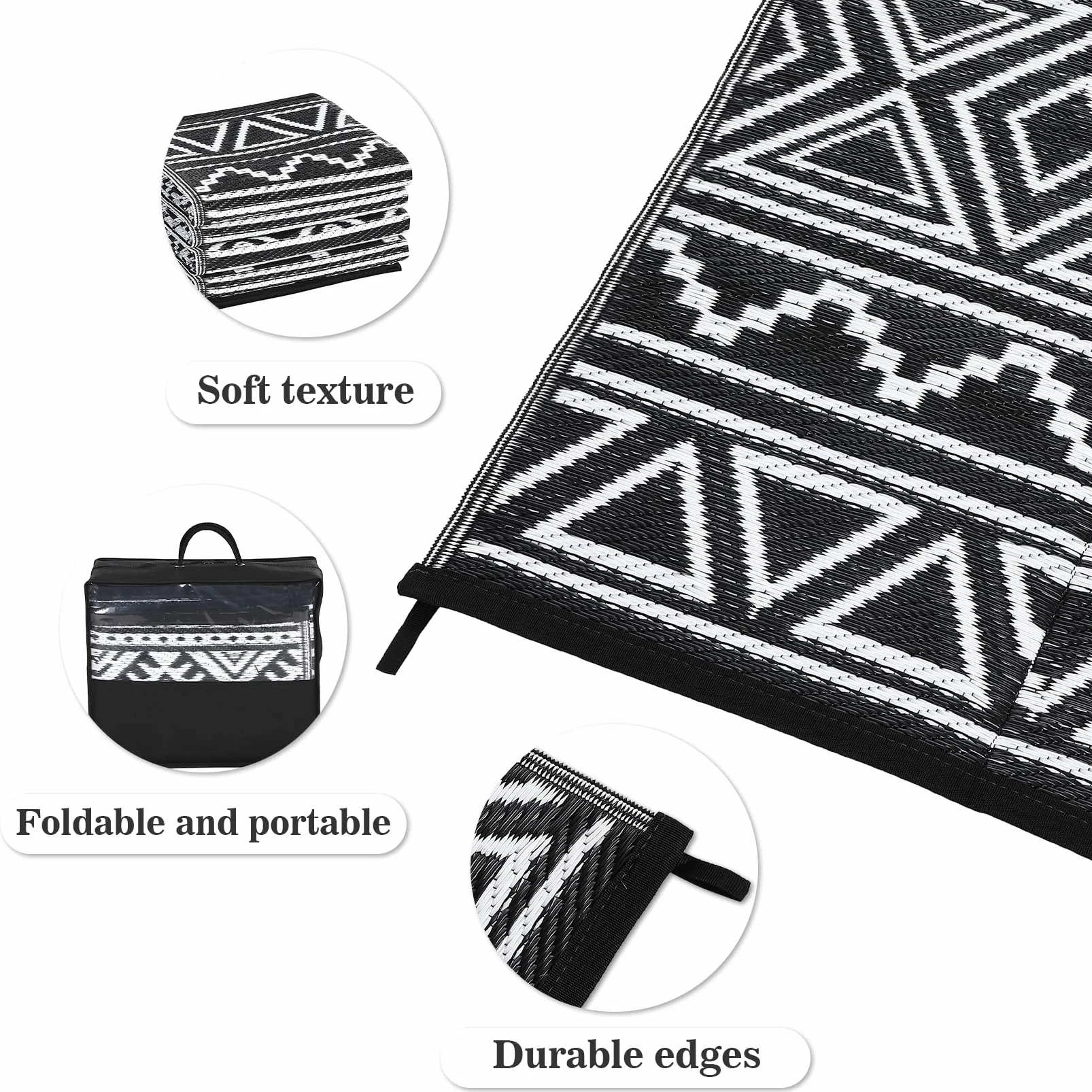 Tapis d'extérieur réversible imperméable pour terrasse 240 x 300 cm | Tapis d'extérieur léger et pliable en paille en plastique pour camping-car, porche, balcon, jardin, pique-nique, noir/blanc