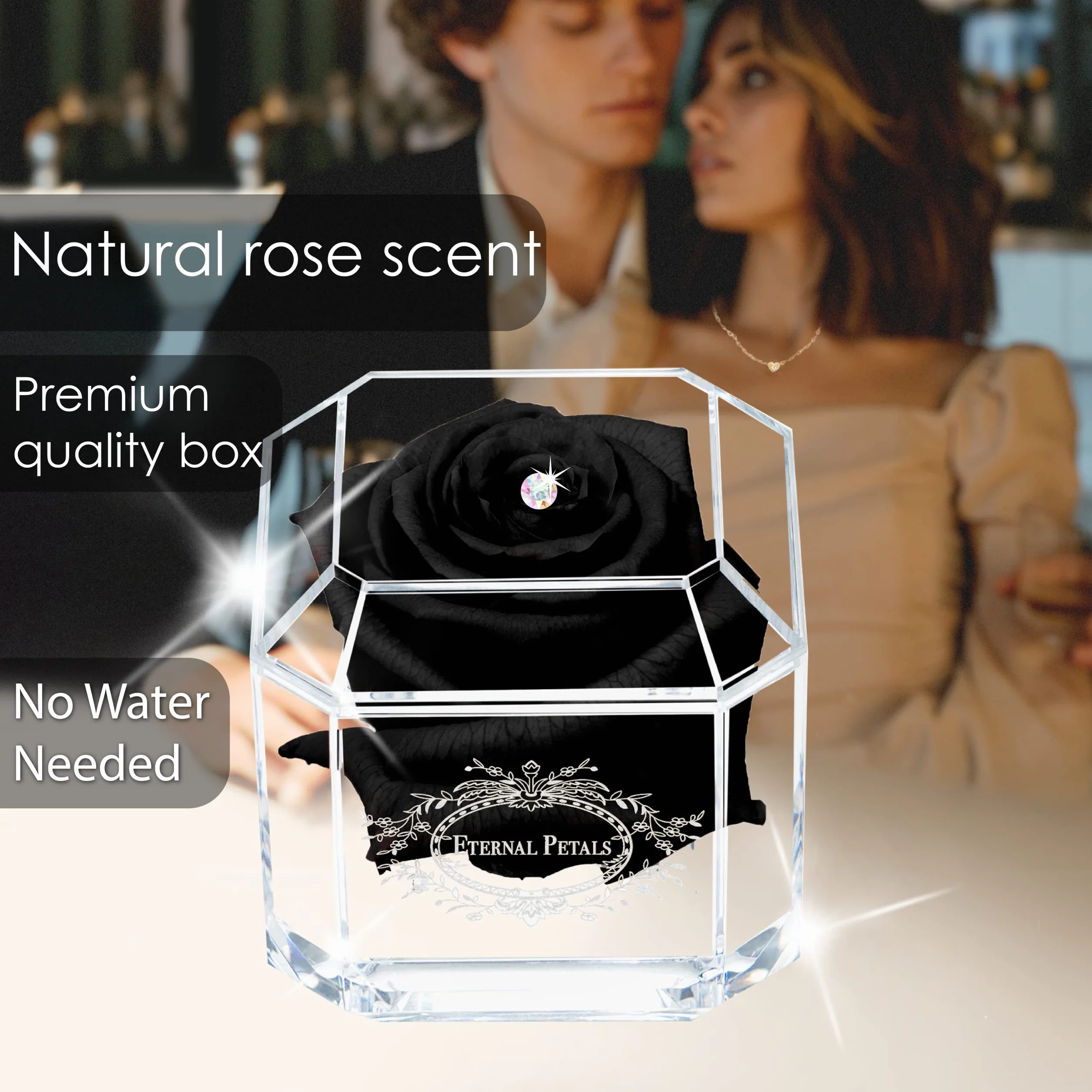 Eternal Petals White Gold Solo Rose with Multicolor Swarovski Crystal Black