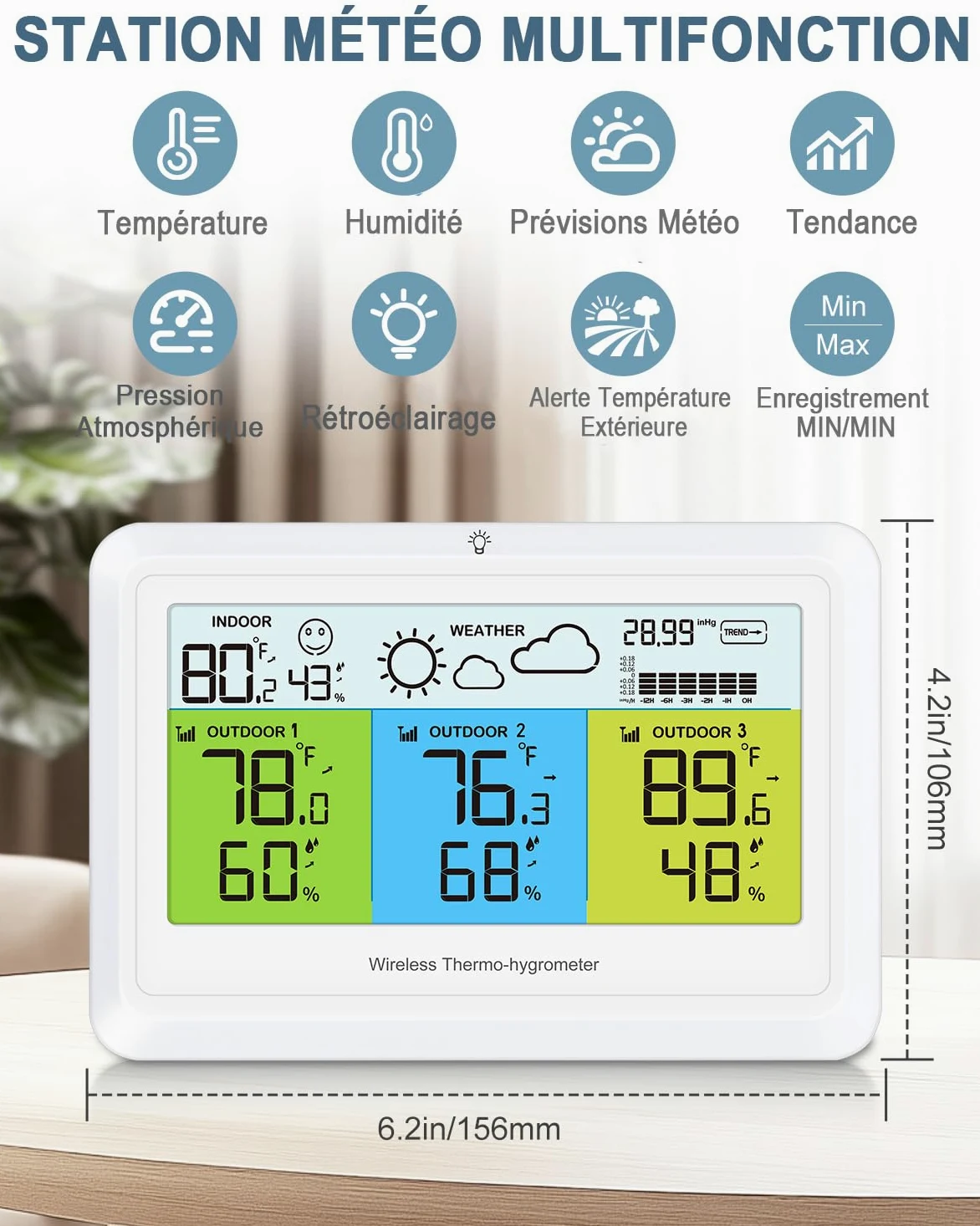 Station météo sans fil avec 3 capteurs extérieurs, écran LCD couleur avec prévisions météorologiques, pression atmosphérique, thermomètre intérieur extérieur, portée jusqu'à 100 m, blanche