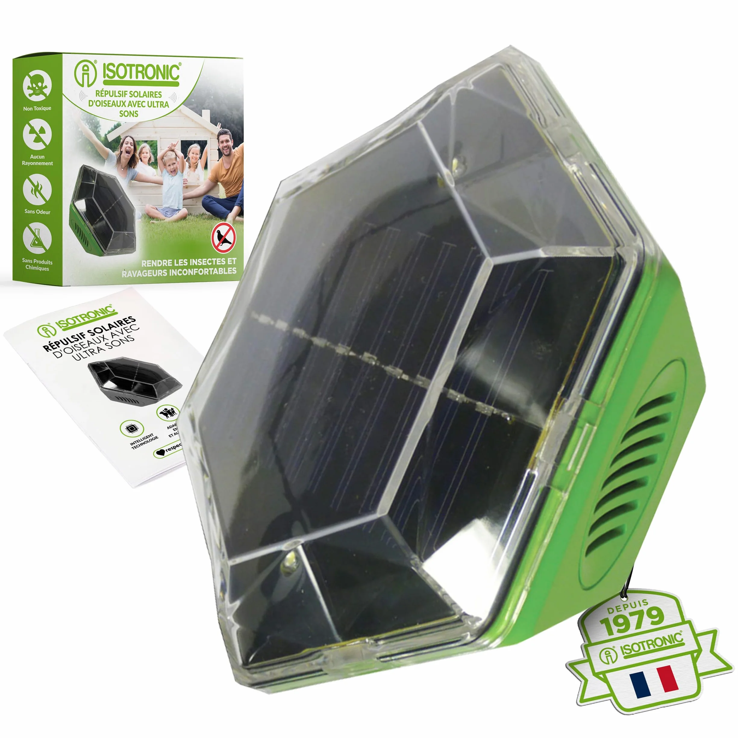 ISOTRONIC Répulsif Solaire Flash et ultrasons – Éloigne Pigeons et Oiseaux – Portée 150 m² – 1 unité
