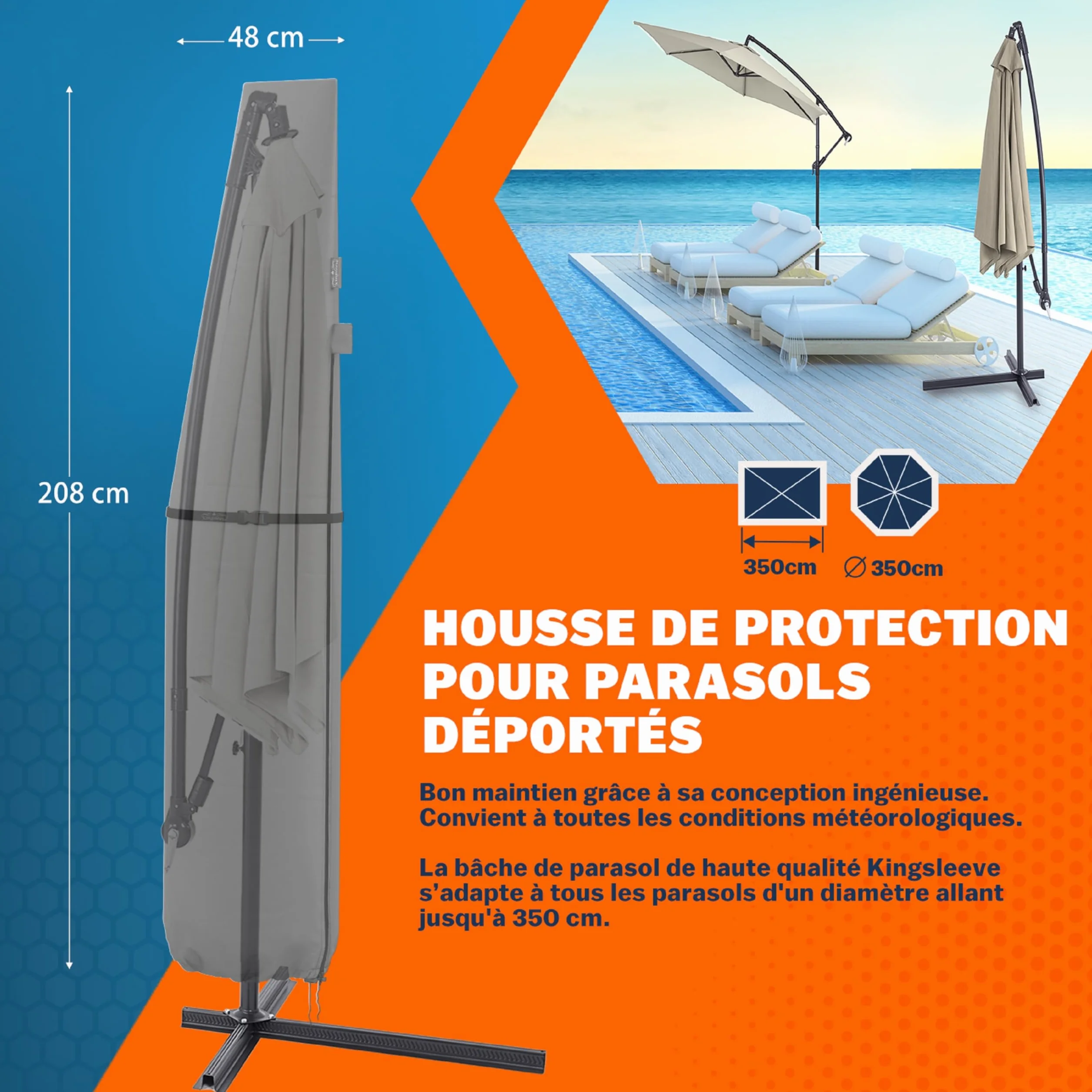 Housse de parasol télescopique Ø350cm résistante aux intempéries bâche de protection universelle gris