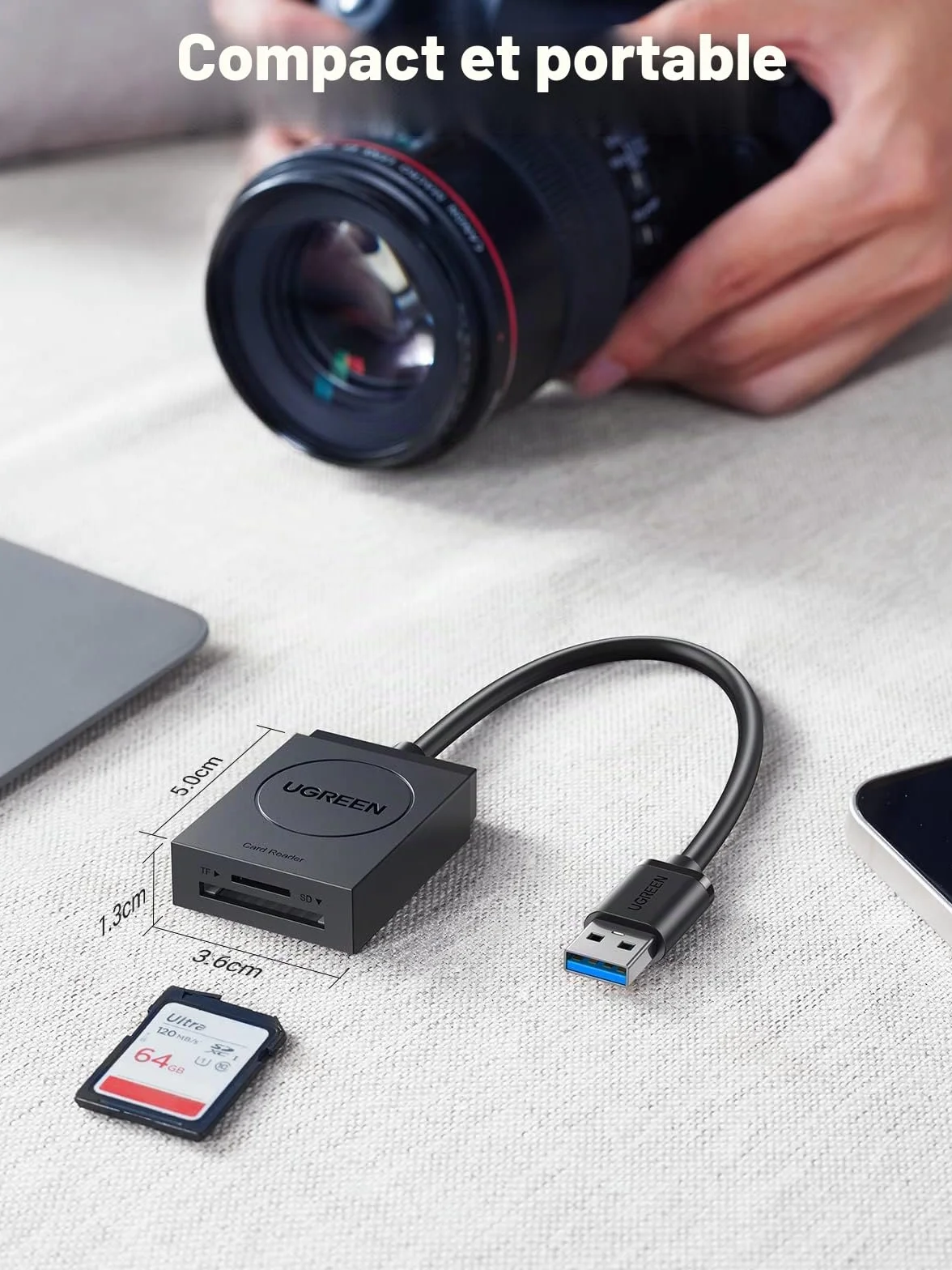 UGREEN Lecteur de Carte SD USB 3.0 5Gbps Transfert Rapide 2 Cartes Max 2To SD Card Reader Micro SDXC SDHC MMC Plug Play Windows MacOS Linux