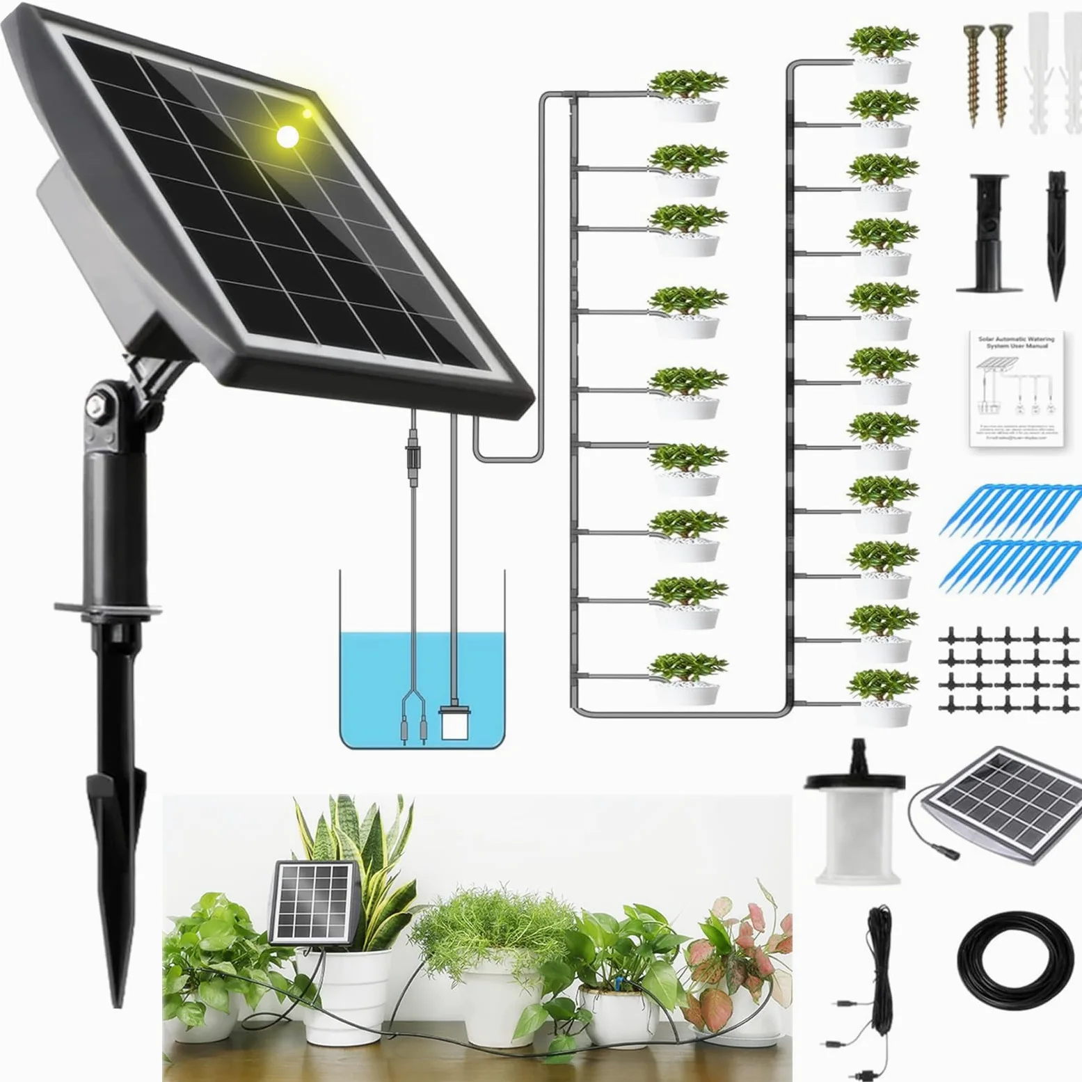 arrosage automatique solaire avec 12 modes de minuterie et protection contre le manque d'eau, tuyau de 20 m et 20 têtes d'égouttement pour jardin, plantes de balcon, plantes en pot en plein