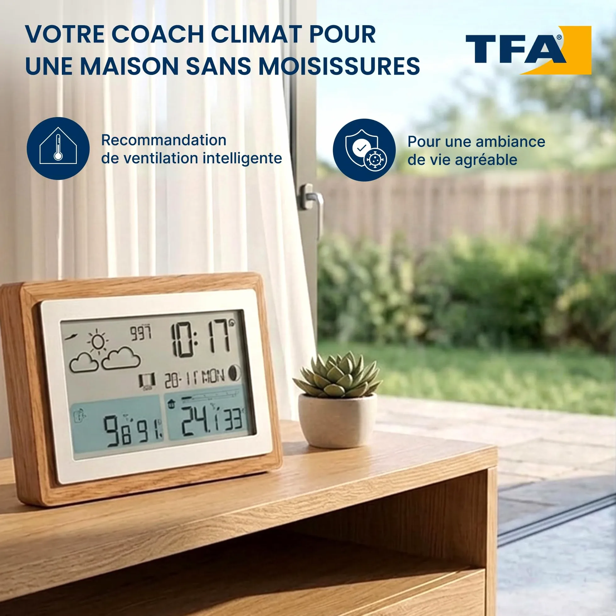 TFA Dostmann Station météo numérique, capteur extérieur sans Fil Oak, 35.1167.54, avec Cadre en Bois, température int./ext., recommandation de Ventilation, Horloge Radio-pilotée et réveil, Brun
