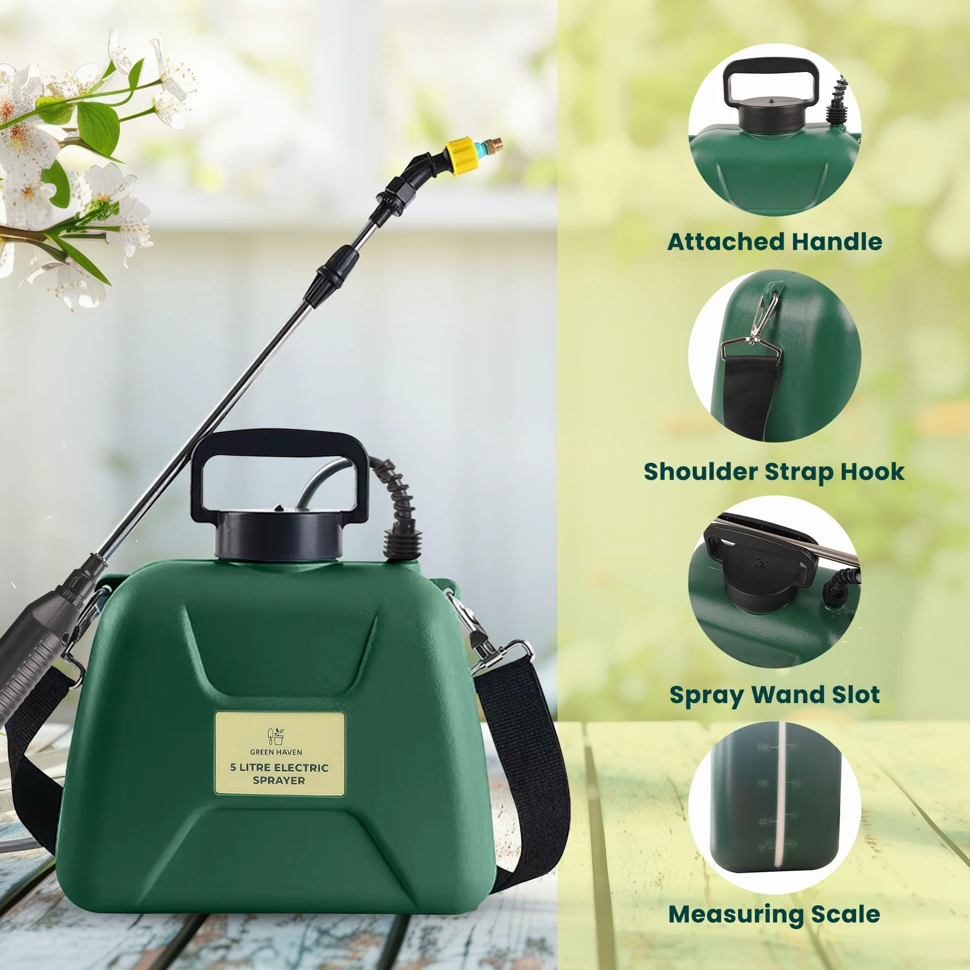Green Haven Pulvérisateur de Jardin électrique Rechargeable par USB avec 3 Buses réglables, réservoir Facile à remplir, ABS Durable, Design Portable et bandoulière pour Le Jardinage