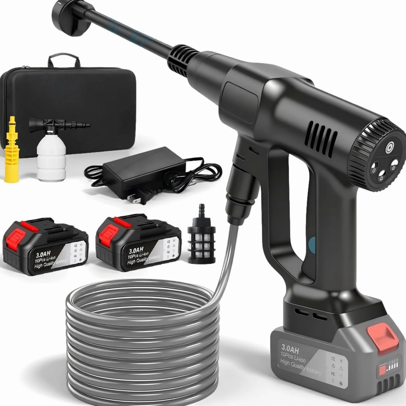 Nettoyeur Haute Pression sans Fil, 21V Max 200 Bar Nettoyeur Haute Pression avec Batterie de 3,0Ah, Press & Clean Pistolet de Lavage avec écran LCD de Puissance et 3 Vitesses (Noir avec 2 Batterie)