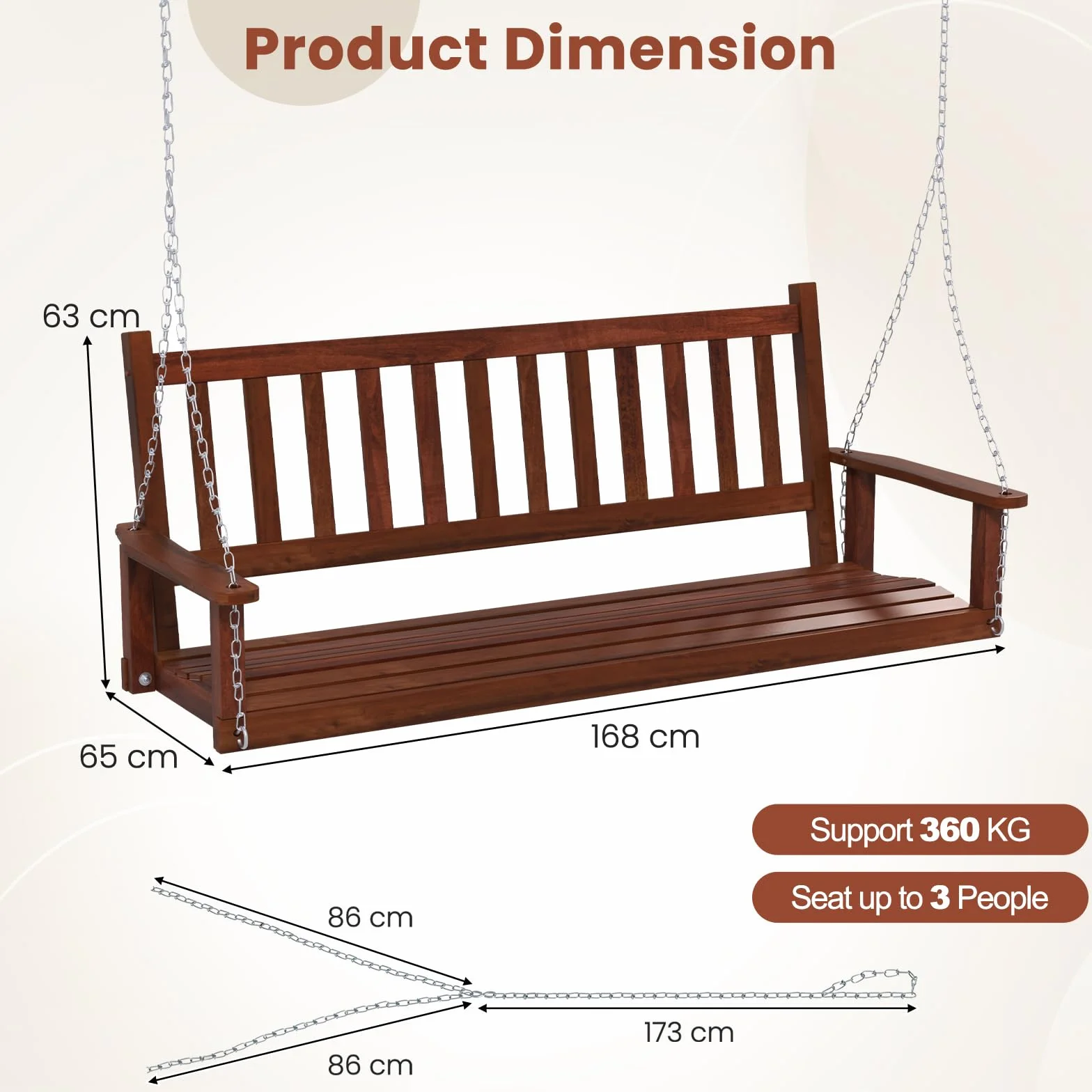 KOMFOTTEU Banc Suspendu 2-3 Places Balançoire Jardin Bois Massif Fauteuil Suspendu Charge 230/360 kg 168x65x63 cm Marron