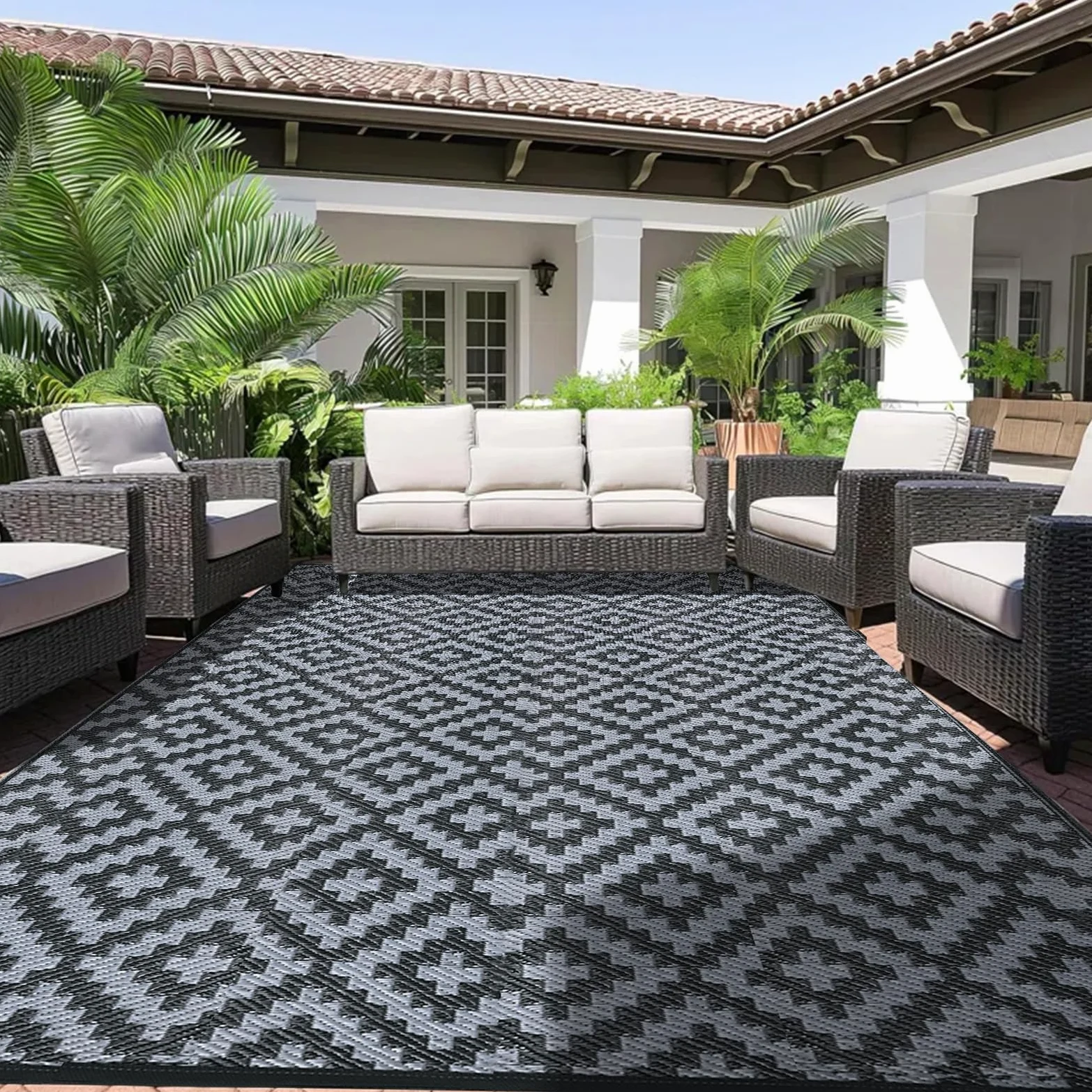 Alishomtll Tapis d'extérieur 180 x 275 cm résistant aux intempéries, en plastique polypropylène imperméable, pour terrasse, jardin, balcon, réversible, résistant aux UV, tapis extérieur, camping, pour