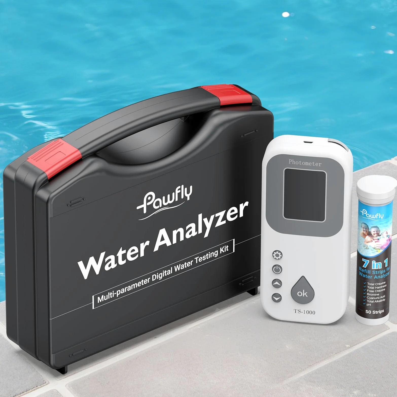Pawfly Kit Test Eau Numérique 7 en 1 50 Bandelettes Test Spa Testeur Eau Piscine Numérique pH Dureté Totale Chlore Total Chlore Libre Alcalinité Totale Acide Cyanurique et Brome