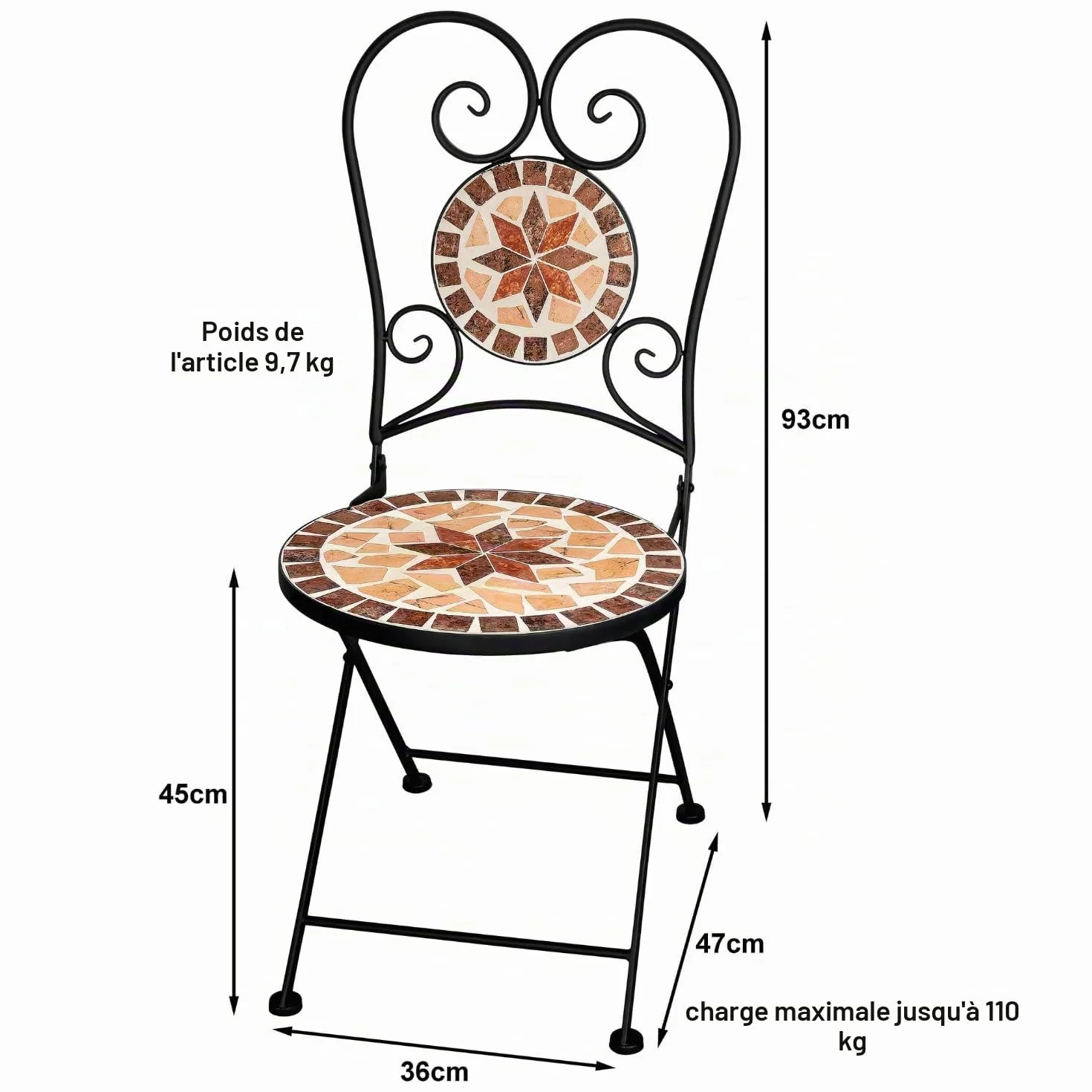 Chaise de Jardin Mosaic Pliante Balcon Ensemble Bistro Meubles de Jardin en métal