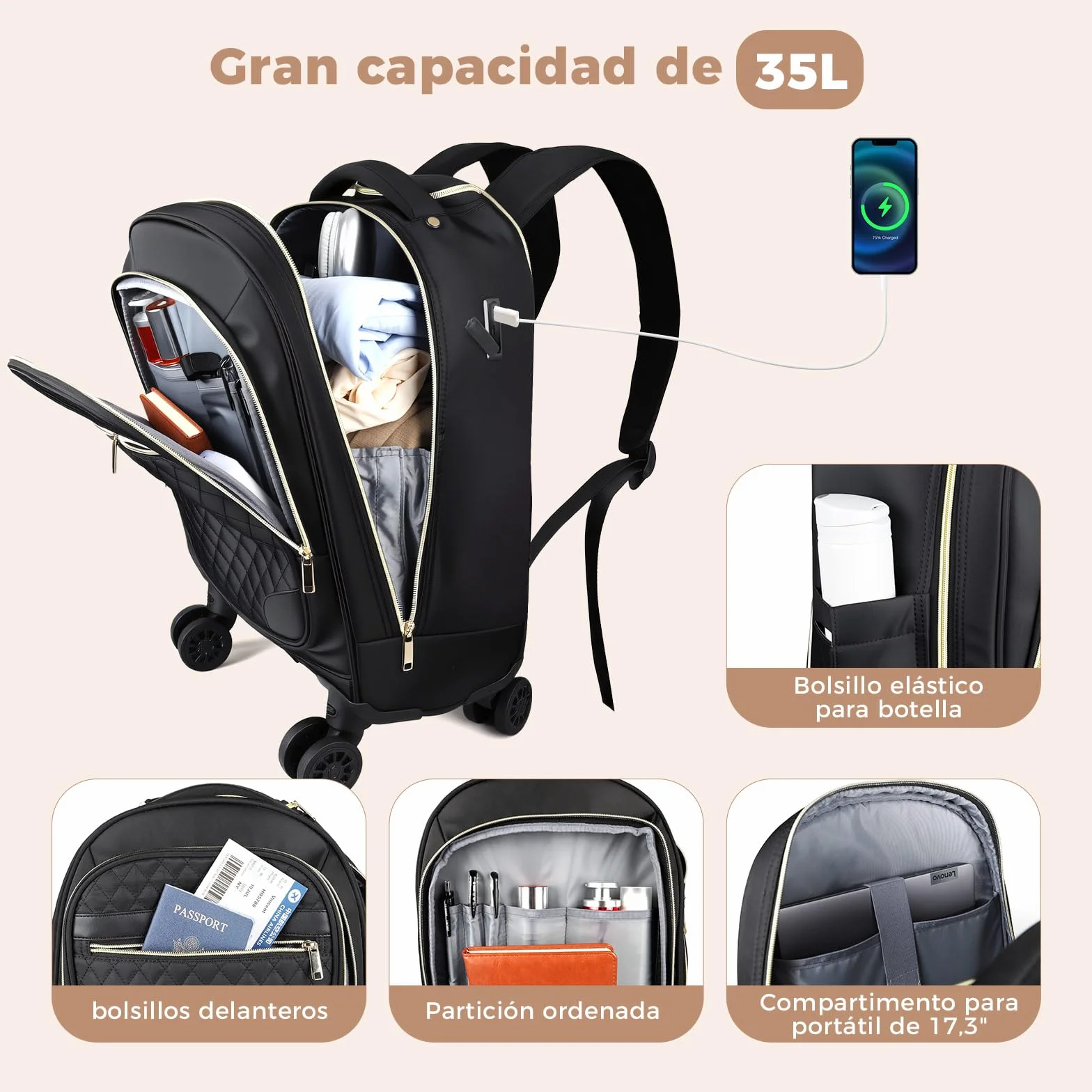 Sac à Dos à Roulettes pour Femme 15.6 Pouces Ordinateur Portable 35L