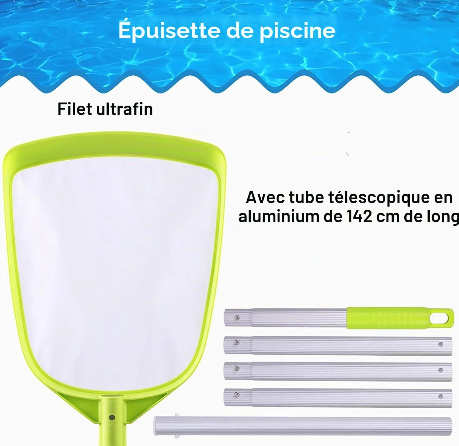 Épuisette de piscine tube ondulé aluminium 142 cm maille ultra fine