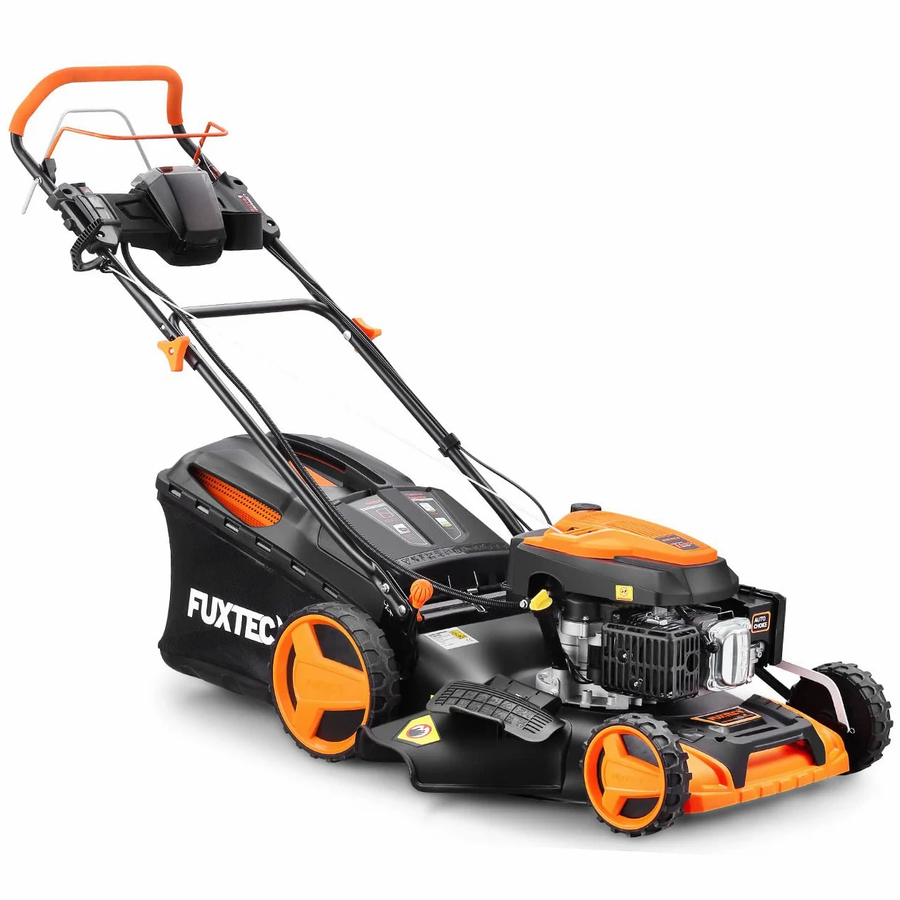 FUXTEC 4en1 Tondeuse Thermique Démarrage Électrique FX-RM5196eS - Largeur de Coupe 51cm, Système autotracté, Fonction Mulching, Réglage Central de la Hauteur de Coupe, 60L Bac de ramassage