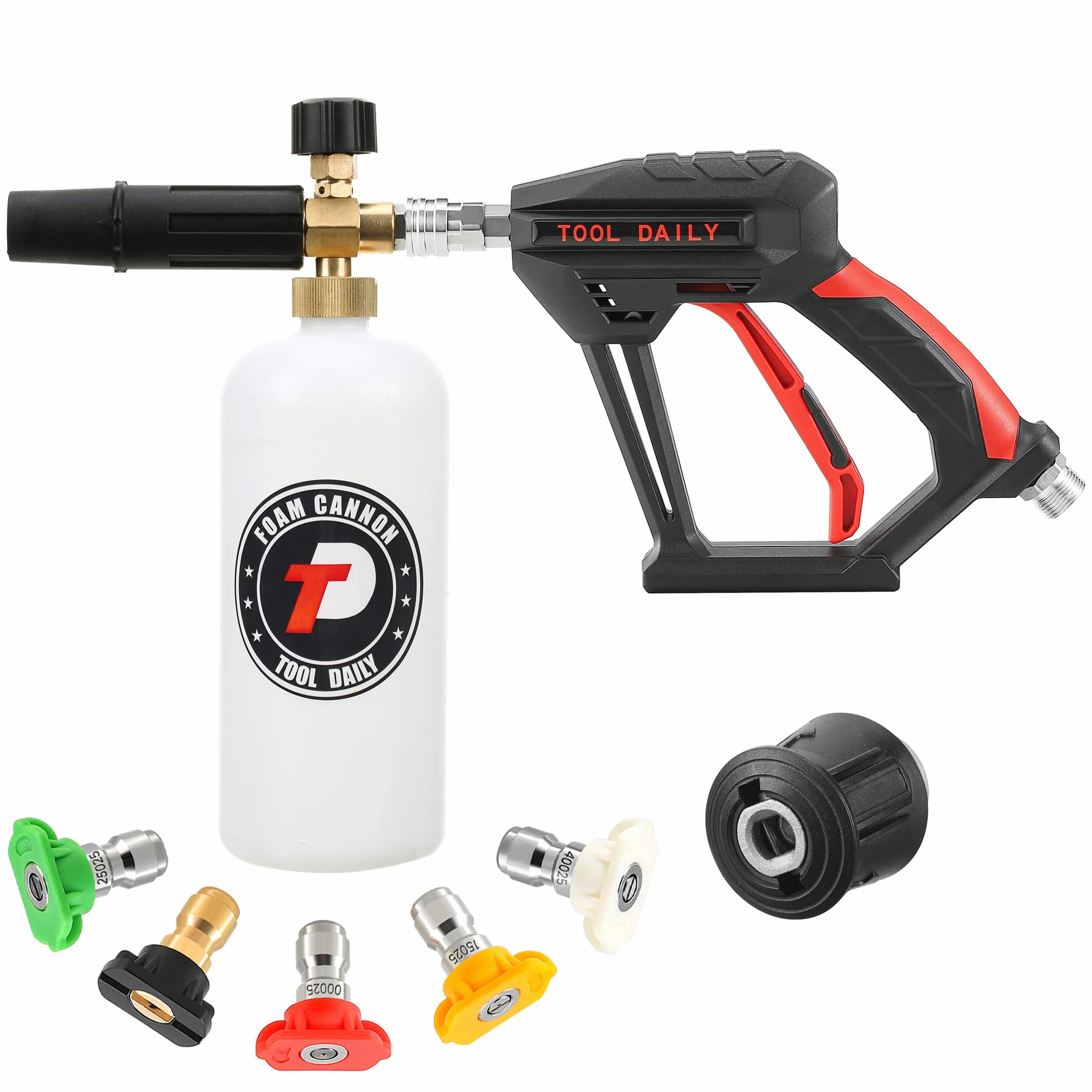 Tool Daily Pistolet Court avec Canon à Mousse,Adaptateur pour Karcher K2-K7 | Lance à Mousse 1 L, Pistolet avec 5 Embouts de Buse, pour Lavage de Voiture, Connecteur M22 et Raccord Rapide 1/4", 280 bar
