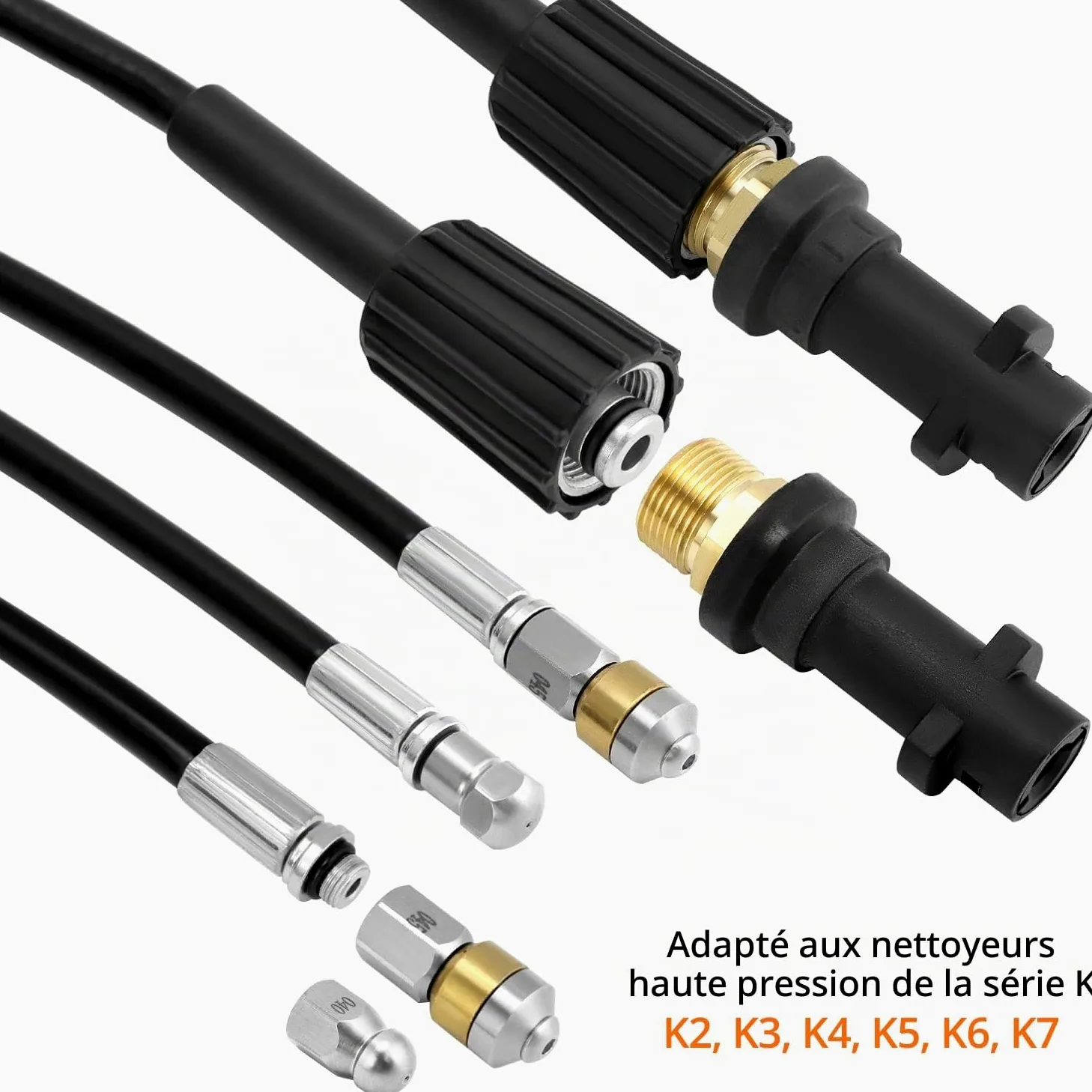 QWORK® Tuyau de nettoyage de tuyaux 30M 180bar, tuyau déboucheur flexible, avec adaptateur, compatible avec les nettoyeurs haute pression K-Series K2, K3, K4, K5, K6, K7
