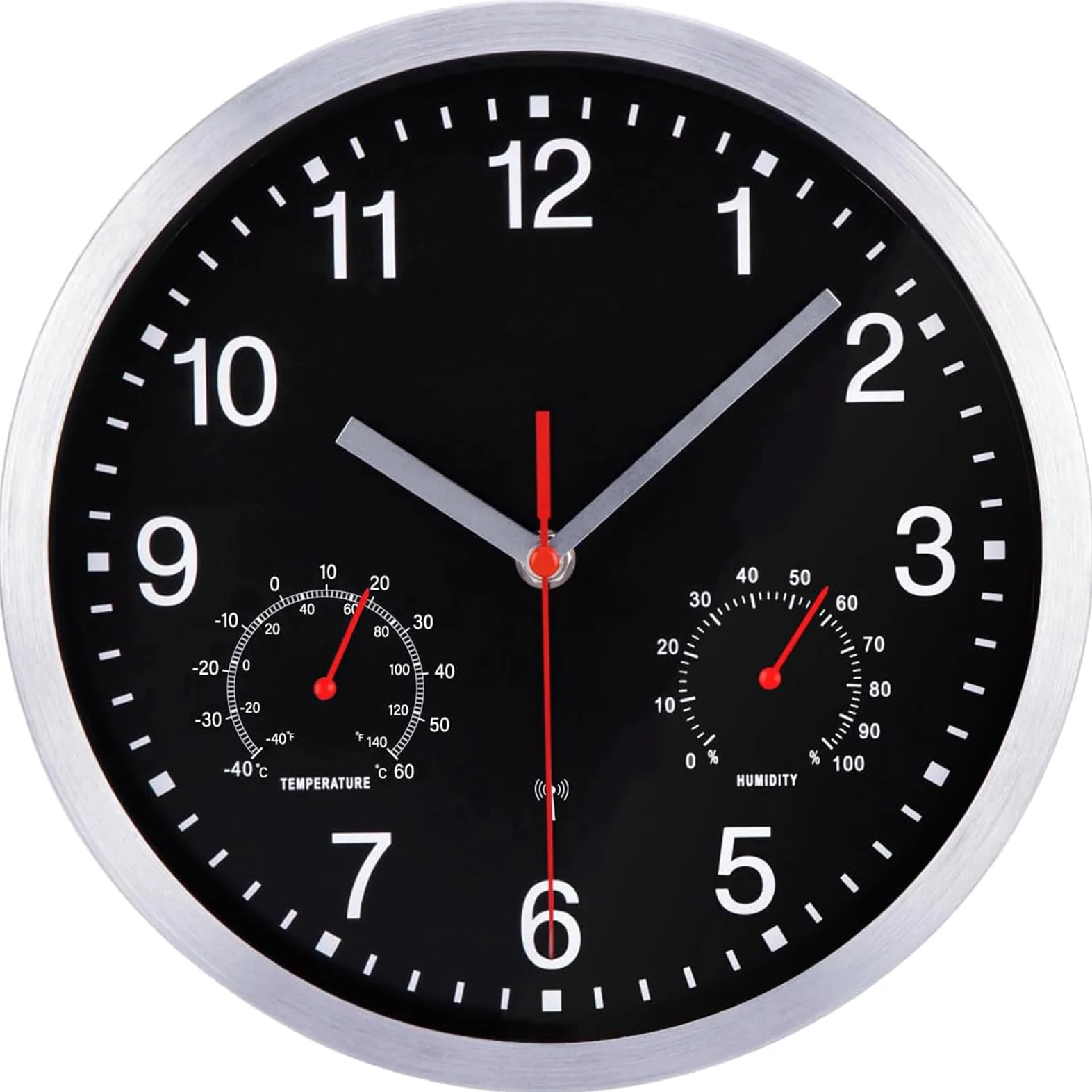 Horloge Murale Radio Pilotée avec Thermomètre et Hygromètre Pendule Murale Silencieuse et sans Tic-Tac de 25cm pour Salon, Cuisine, Bureau, Chambre