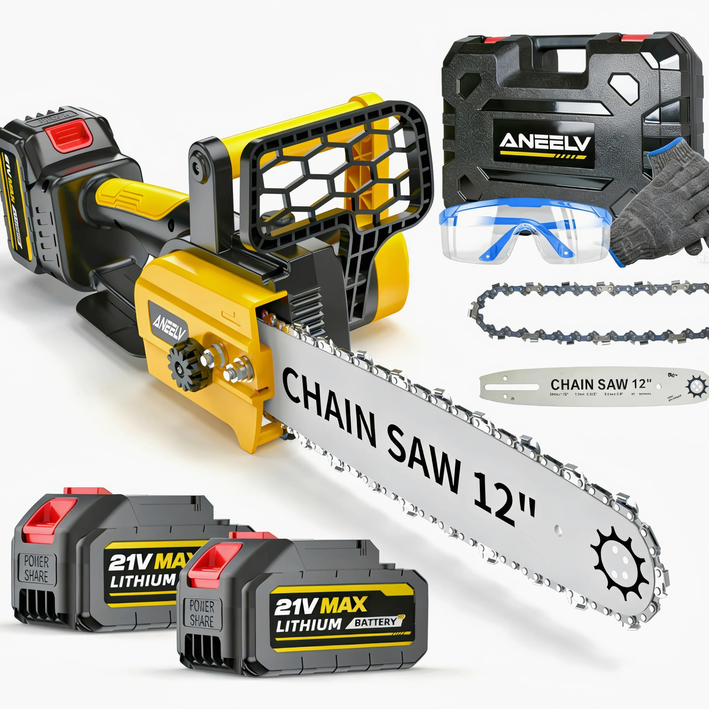 Tronçonneuse à batterie 12 pouces, moteur 1800W sans balais, 2x4000mAh, lubrification auto, sécurité – scie arboricole pro avec coffret, pour bois et jardin