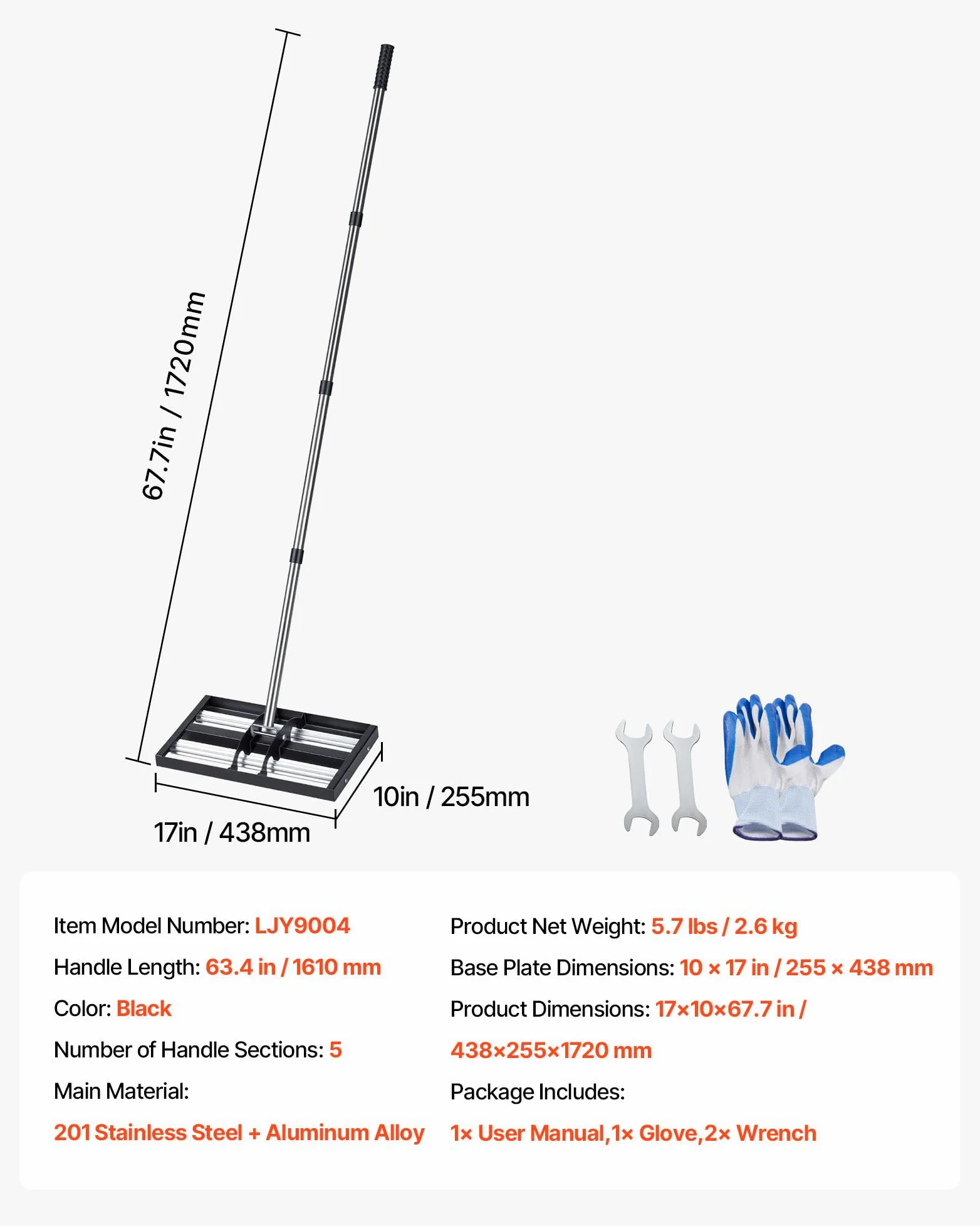 VEVOR Râteau de Nivellement de Pelouse avec Rouleaux 43,8x25,5 cm Niveleur de Gazon Acier Inoxydable, Outil de Nivellement pour Cour, Terrain de Golf, Jardin, avec Manche 161 cm Réglable en 4 Sections