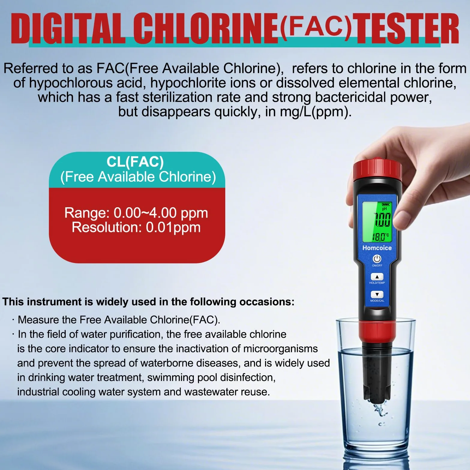 pH Chlore Mètre Piscine 7-en-1, Testeur PH Chlore Salinité ORP TDS EC Température, Tester Qualité Eau de haute précision avec fonction ATC pour piscines, eau potable, aquarium, hydroponie