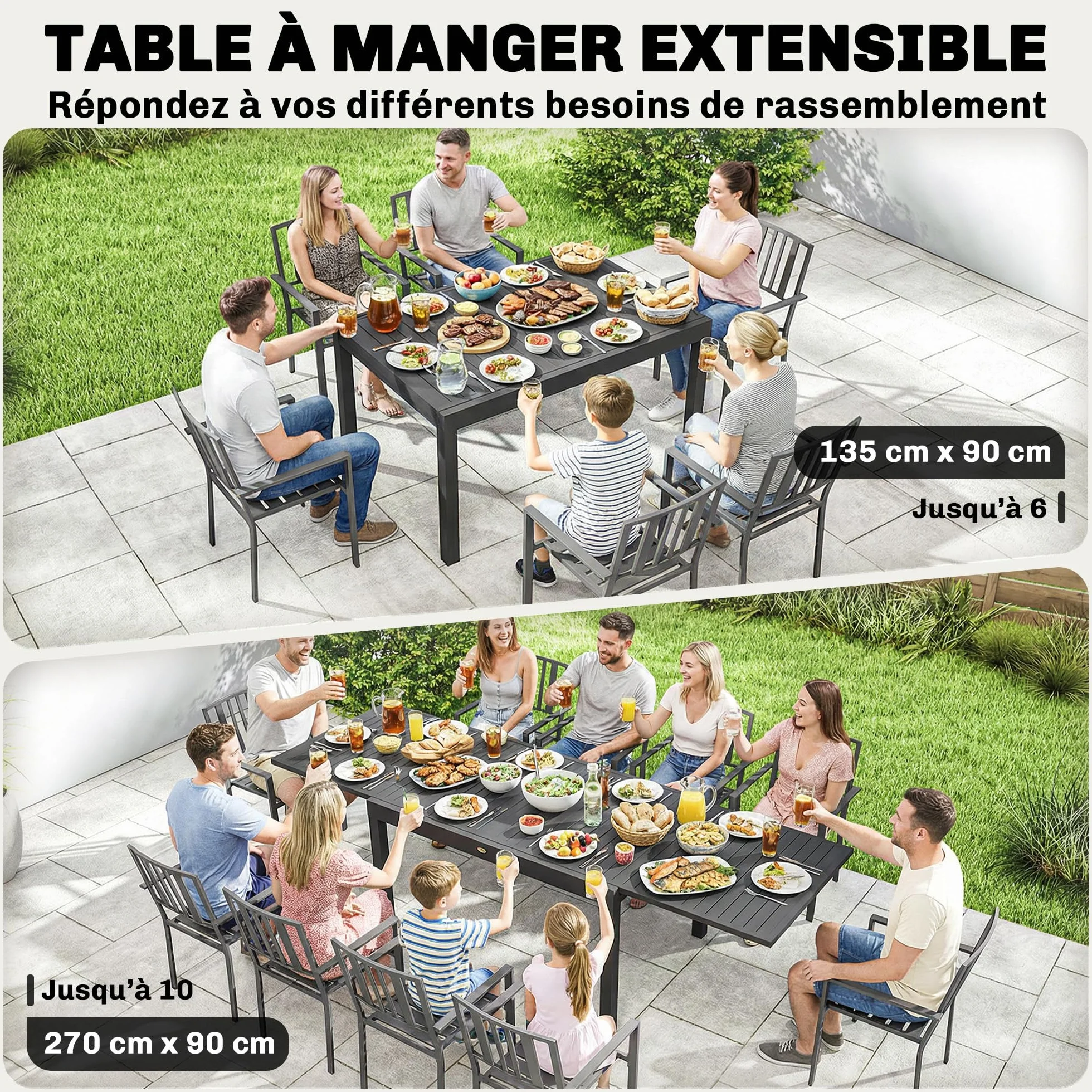 Outsunny Table de Jardin Extensible Aluminium 135-270cm 6-10 Personnes Gris Anthracite