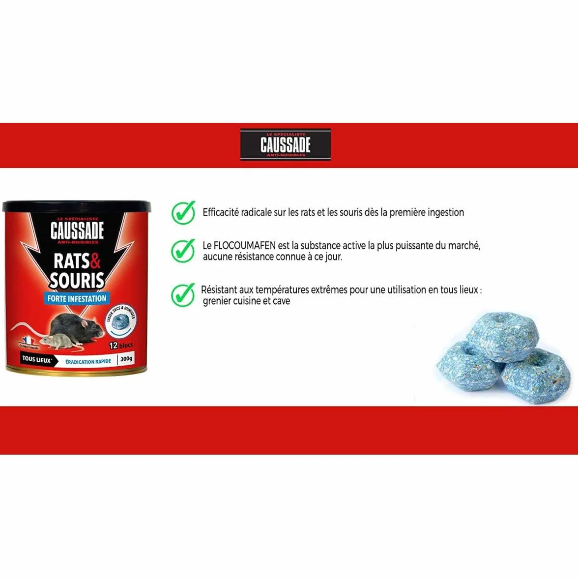 Caussade Anti Rats & Souris 12 Appâts Blocs Pâtes Flocoumafen 300g