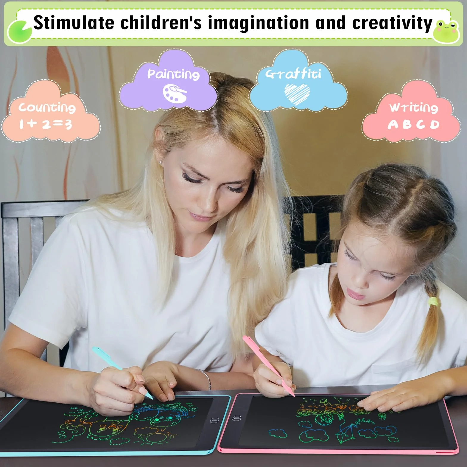 Tablette D'écriture LCD 16 Pouces Dessin Ecran Coloré Effaçable Autocollants Animaux Garçons Filles 3-6 Ans Bleu Rose