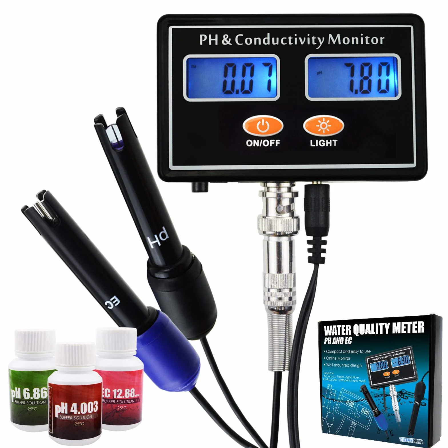 PH EC Conductivity Monitor Meter Rétro-éclairage ATC Qualité de l'eau Surveillance continue en temps réel Mesure Rechargeable 0.00~14.00pH / 0~19.99m S/cm Aquaculture Aquarium Pond Hydroponic