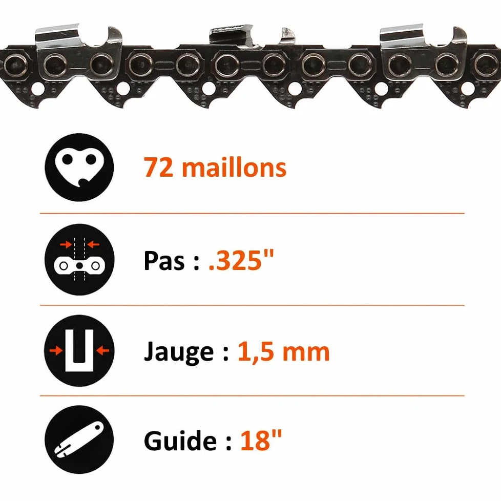 Guide 18 pouces (45 cm) avec lot de 3 chaînes 72 maillons pour tronçonneuse